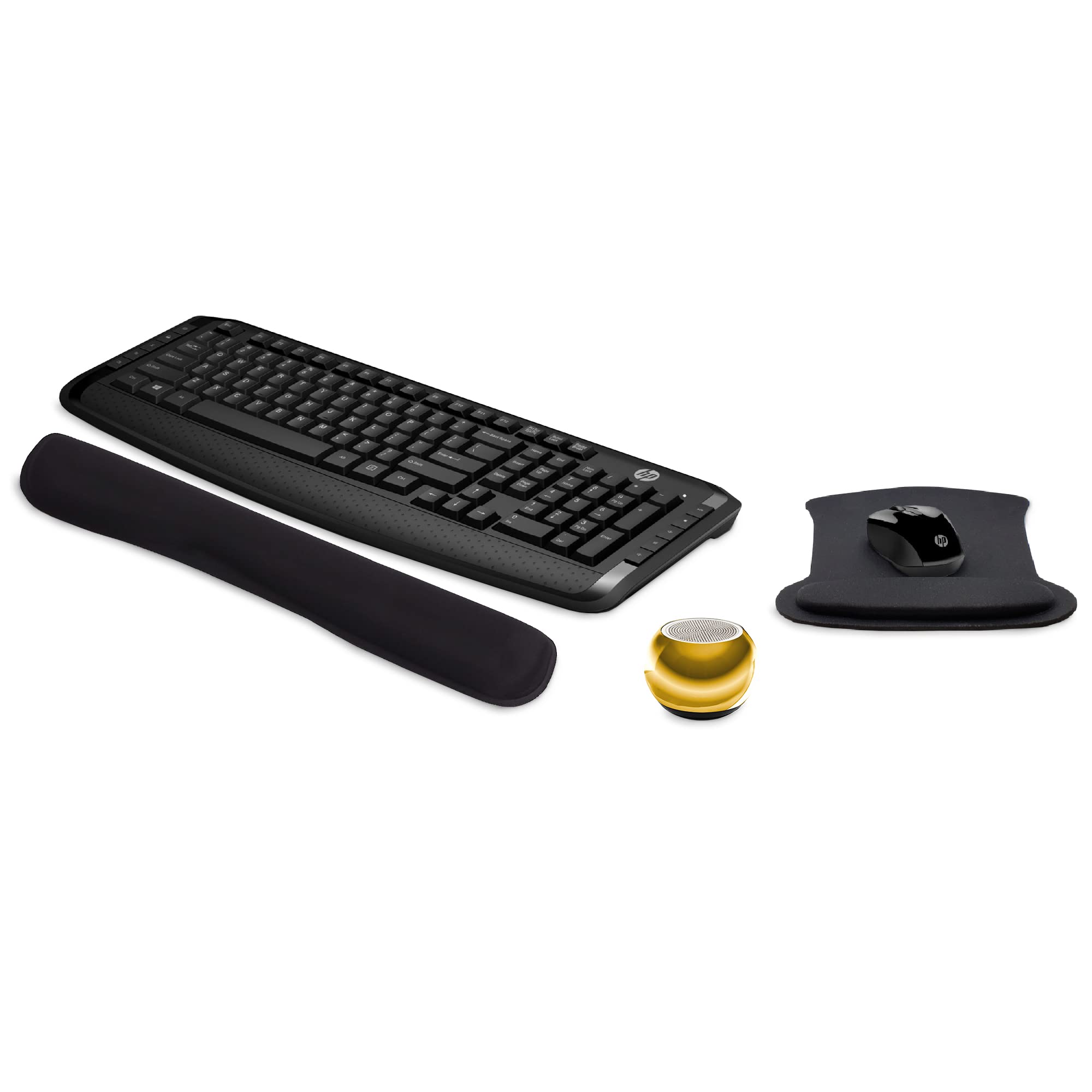 HP Wireless Keyboard & Mouse 300 Bundle - Ergonomic PC Accessories with Gel Mouse Pad, Wrist Support & Mini Bluetooth Speaker - Built-in Mic, Selfie Button for Home Office, Gaming & Remote Work