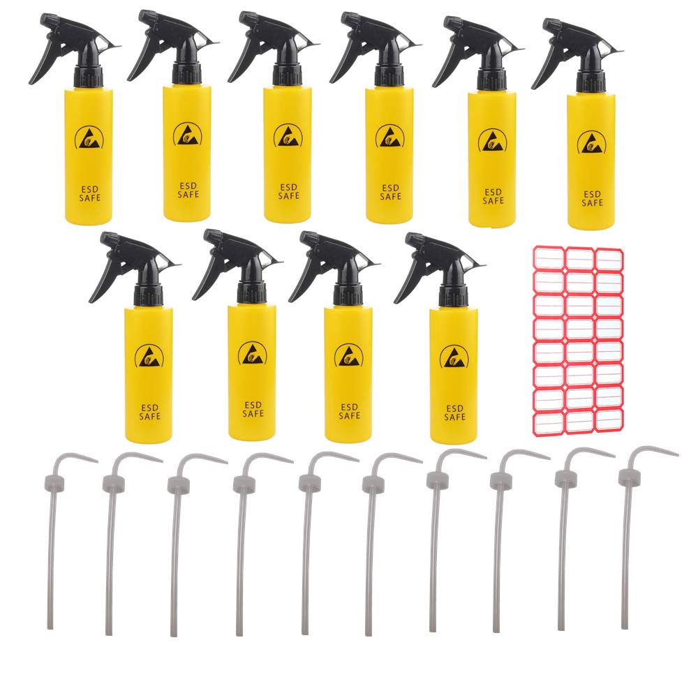 500ml Empty Anti-Static ESD Safe Refillable Spray Bottles with Elbow Dropper - Durable Trigger with Mist & Stream Settings for Liquids, Chemicals & Cleaning Solutions (10-Pack, Yellow) - Perfect for DIY, Lab, Workshop & Home Use