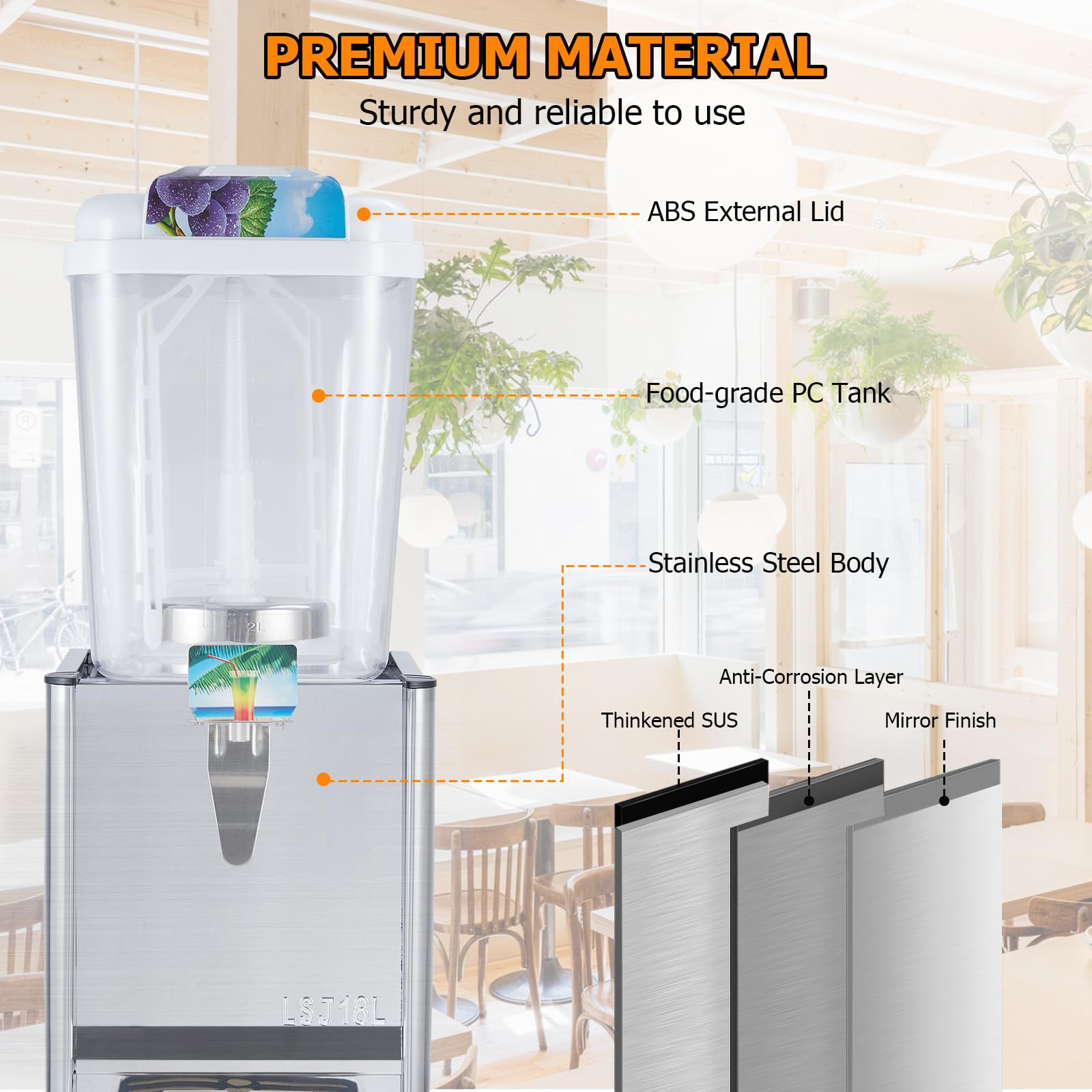 Towallmark 4.75 Gallon (18L) Commercial Beverage Dispenser - Stainless Steel Iced Tea & Juice Dispenser with Thermostat Control, 180W Power, Food-Grade Construction - Perfect for Restaurants, Cafes, and Catering Events
