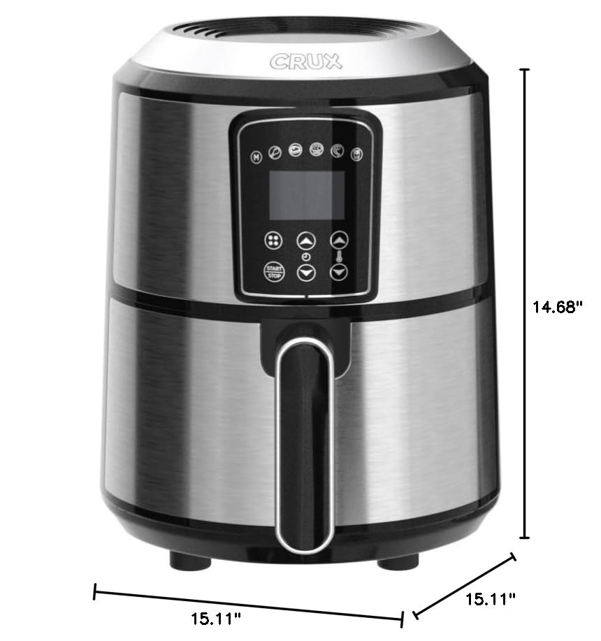 Crux 3QT Digital Air Fryer - Fast Preheating, Oil-Free Healthy Cooking, Evenly Cooked Meals, Dishwasher Safe Non-Stick Basket & Crisper Tray, Stainless Steel Design - Perfect for Quick Family Dinners, Healthy Snacks & Meal Prep