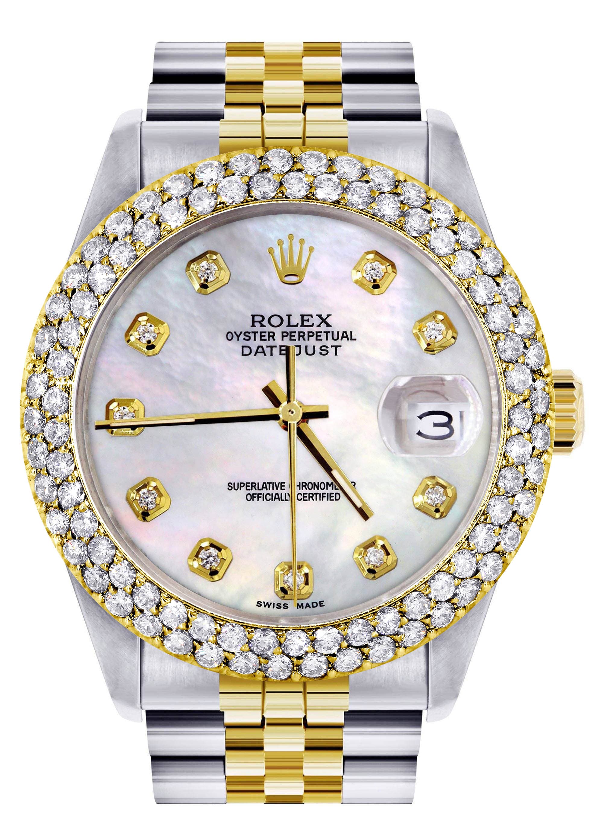 Luxury Diamond Gold Rolex Watch For Men 16233 | 36mm Stainless Steel | Mother of Pearl Dial | 4.25 Carat Diamond Bezel | Jubilee Bracelet | Perfect for Business Meetings & Special Occasions
