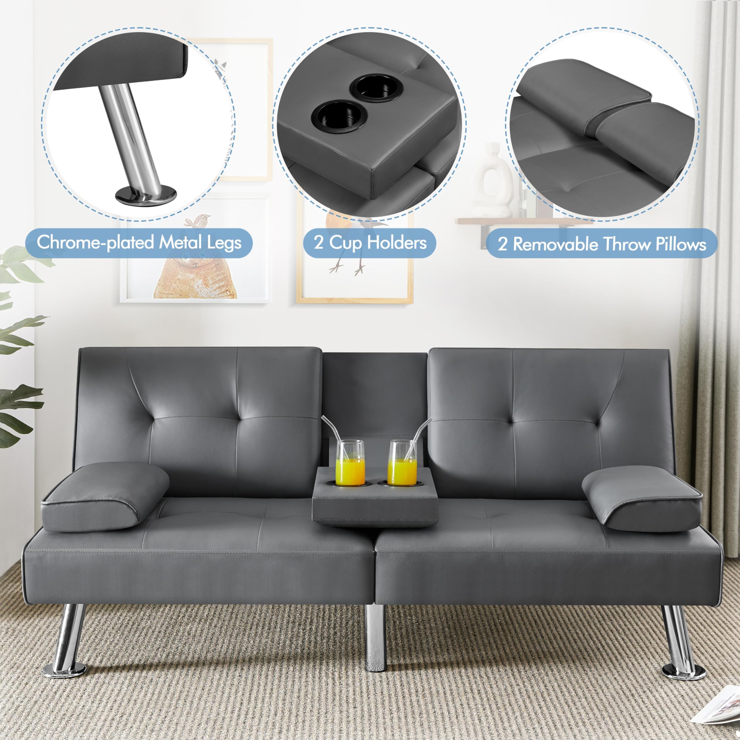 Yaheetech Convertible Sofa Bed - Adjustable Folding Couch Sleeper with Removable Armrests & Cup Holders, 3 Reclining Angles, 772lb Weight Capacity, Modern Faux Leather Loveseat for Living Room, Guest Room & Small Spaces (Gray) - Perfect for Apartments, Dorms and Home Offices