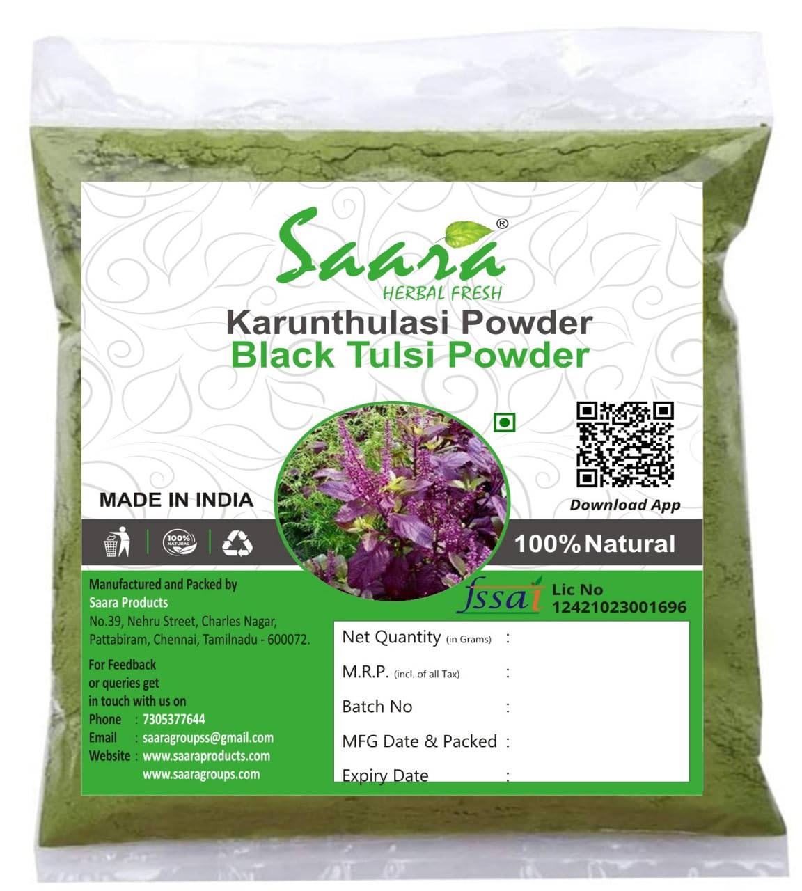 Organic Karunthulasi Powder (Black Tulsi) - 900g (9x100g Pack) | Krishna Thulasi, Ocimum Sanctum | Herbal Supplement for Immunity & Stress Relief | Perfect for Tea, Cooking & Ayurvedic Remedies