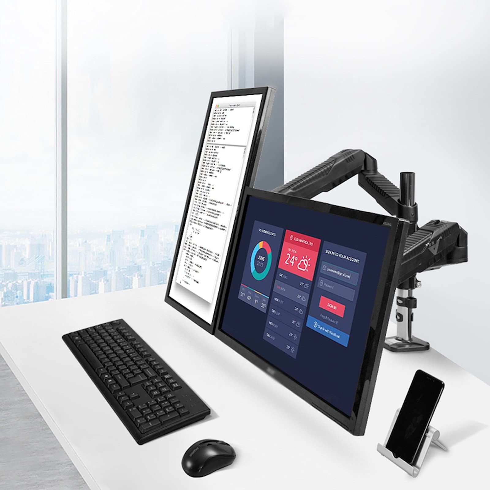 Dual Monitor Stand with Laptop Mount - Adjustable 2-in-1 Desk Mount Arm for Computer Screens, VESA 75/100mm Compatible, Heavy Duty C-Clamp (Column 40) - Perfect for Home Office, Gaming Setup & Workspace Organization