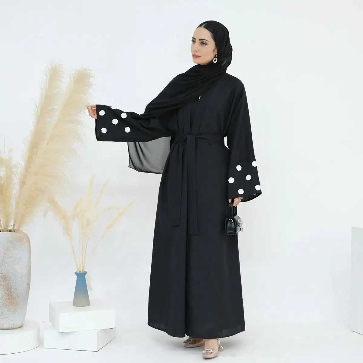 Elegant Floral Embroidery Open Abaya Dress for Women - Modest Muslim Prayer Dress & Special Occasion Wear