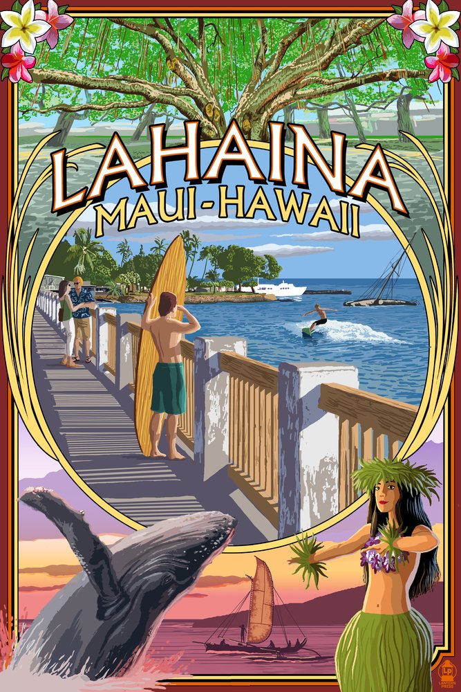 Signed Lahaina Maui Hawaii Town Scenes Montage Art Print - 24x36 Wall Decor Poster for Living Room, Office & Beach House Decor | Hawaiian Coastal Landscape Wall Art