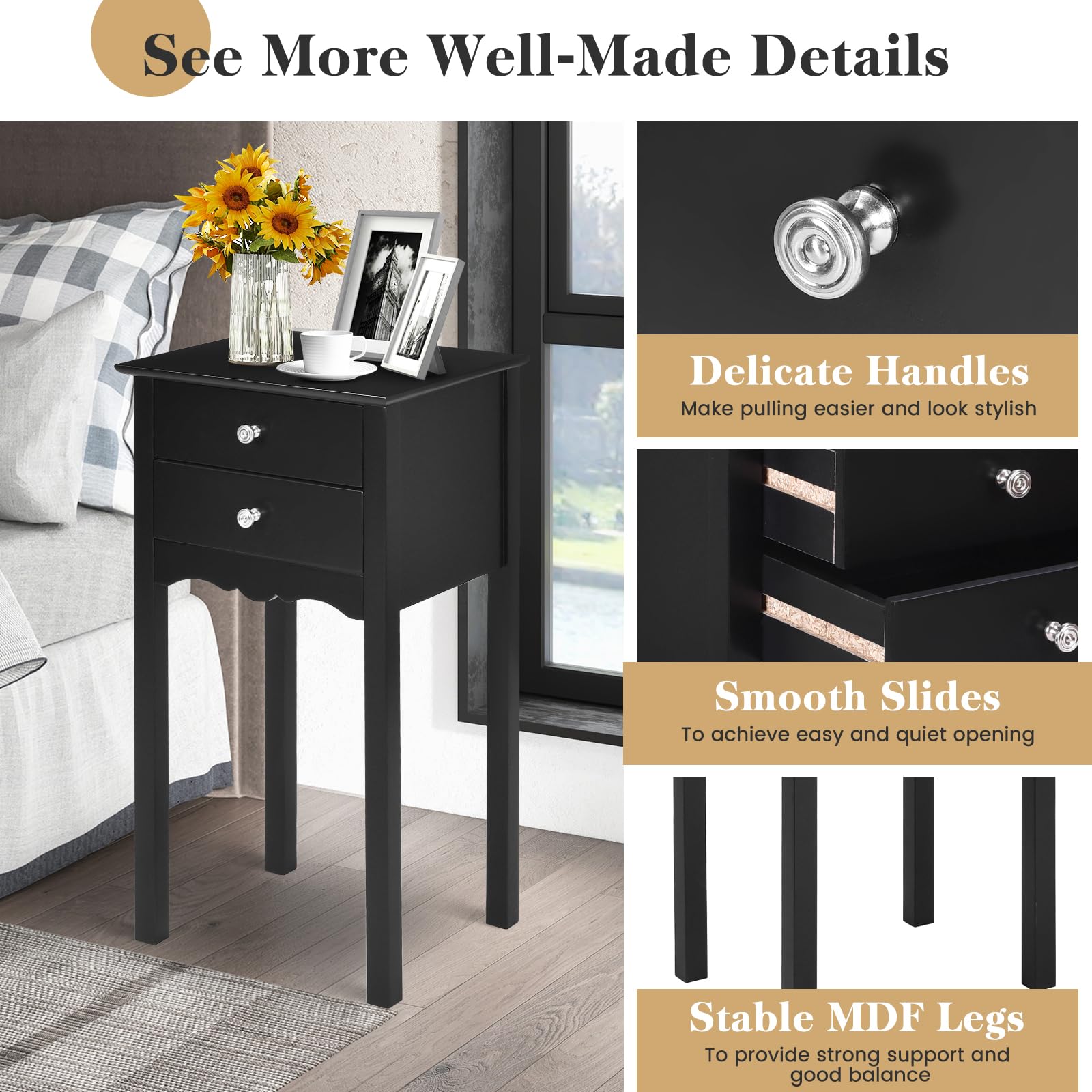 Giantex 2-Piece Set Black End Tables with 2 Drawers - Multi-Functional Nightstand, Side Table for Living Room, Bedroom & Home Decor - Perfect for Small Spaces, Storage & Accent Furniture