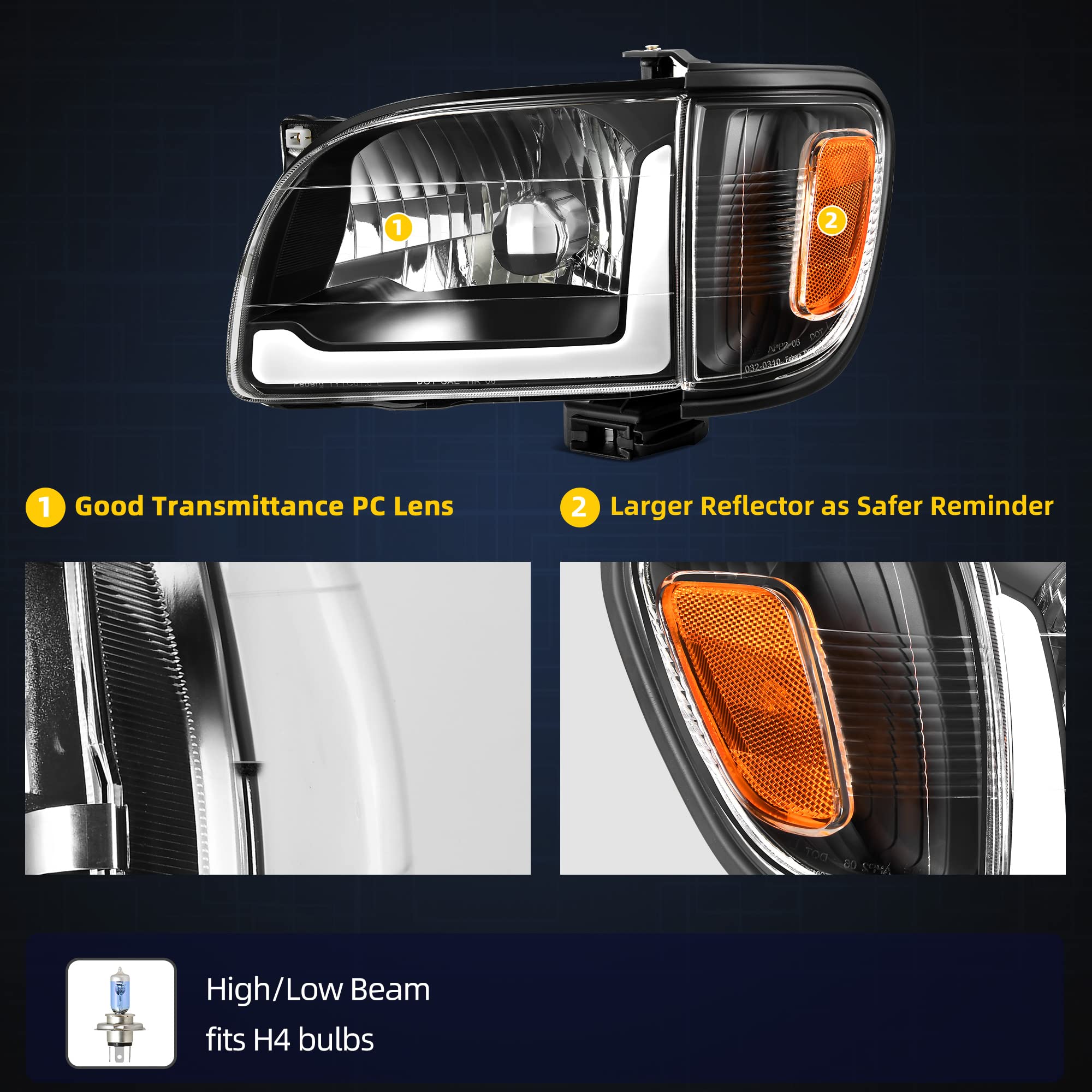 DWVO LED Headlight Assembly Compatible with 2001-2004 Toyota Tacoma - Black Housing Clear Lens Replacement Headlights with Bumper Lights - Perfect for Night Driving & Off-Road Adventures