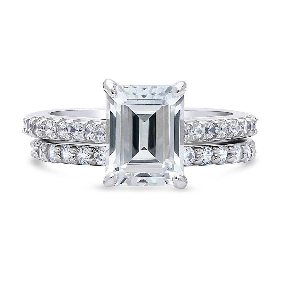 BERRICLE Sterling Silver Solitaire Wedding & Engagement Ring Set for Women - 2.6 Carat Emerald Cut Cubic Zirconia CZ, Rhodium Plated, Size 4-10 | Perfect for Proposals, Anniversaries & Special Occasions