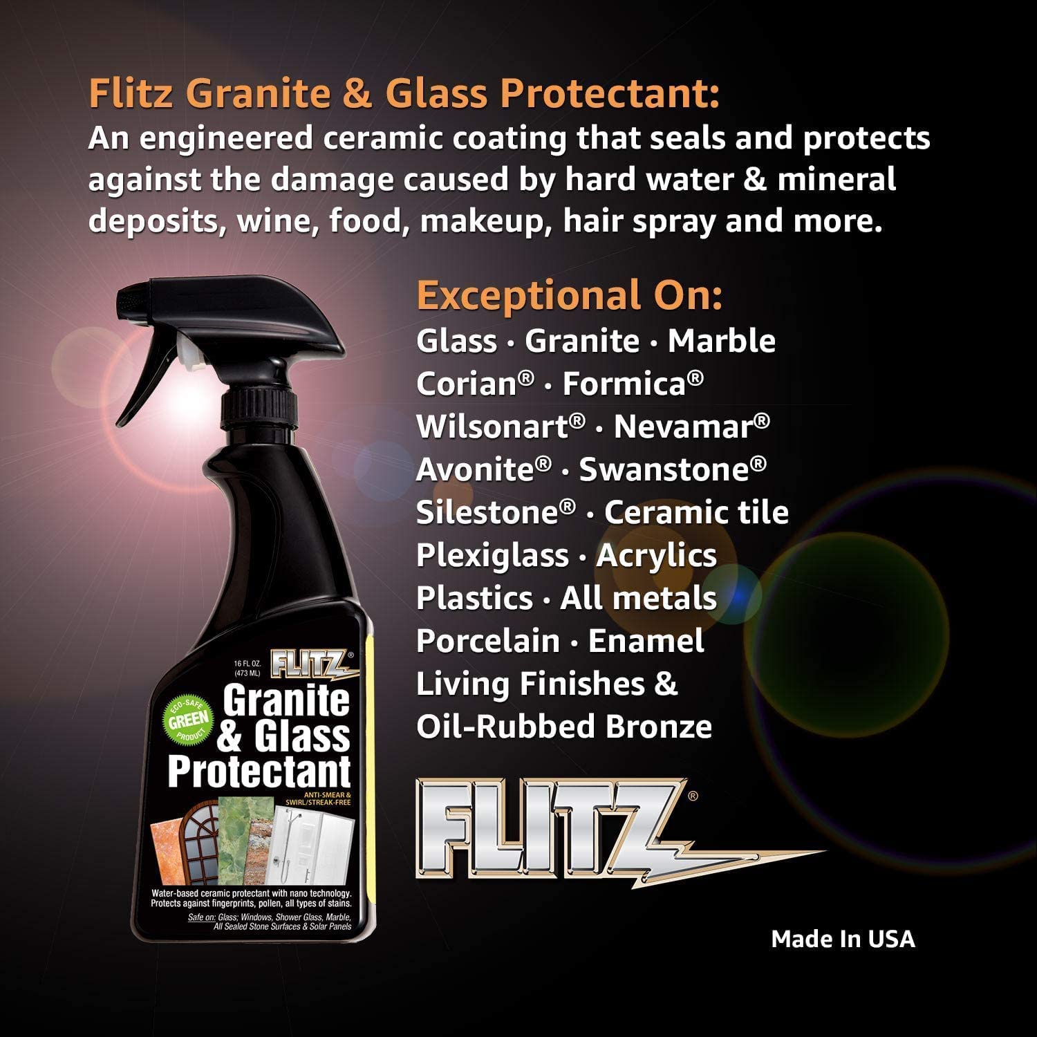 Flitz Granite & Glass Protectant - Premium Ceramic Sealer for Countertops, Glass, Stainless Steel Appliances - Anti-Fingerprint & Stain Protection - 16oz (12 Pack) - Ideal for Kitchen Countertops, Bathroom Surfaces & Shower Glass