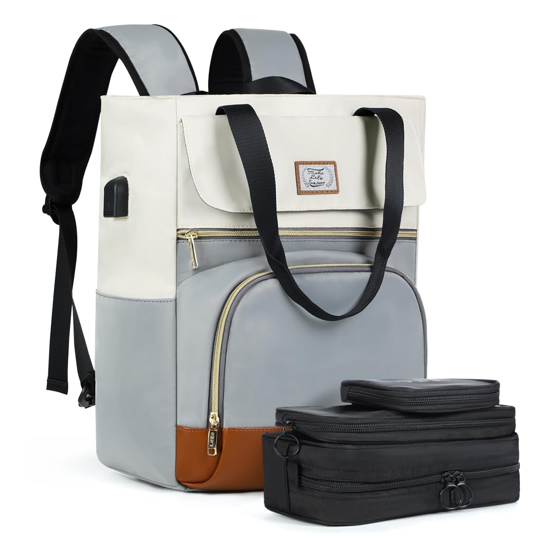 LEKEINCHI Women's Travel Backpack with Laptop Compartment - 3 Packing Cubes Included | Convertible Work & College Backpack for Business Trip, Commuting & Daily Use (Grey)