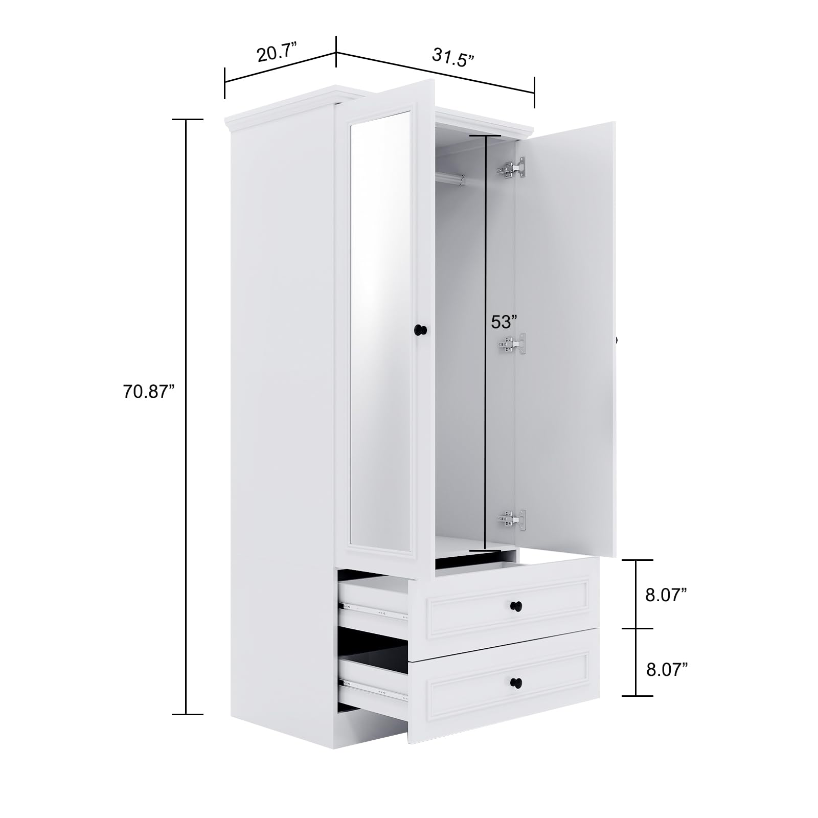 Modern White Wooden Armoire Wardrobe with Mirror Door - 2 Door Storage Cabinet with Hanging Rod for Bedroom Organization - Perfect for Clothes, Shoes & Accessories Storage in Small Spaces