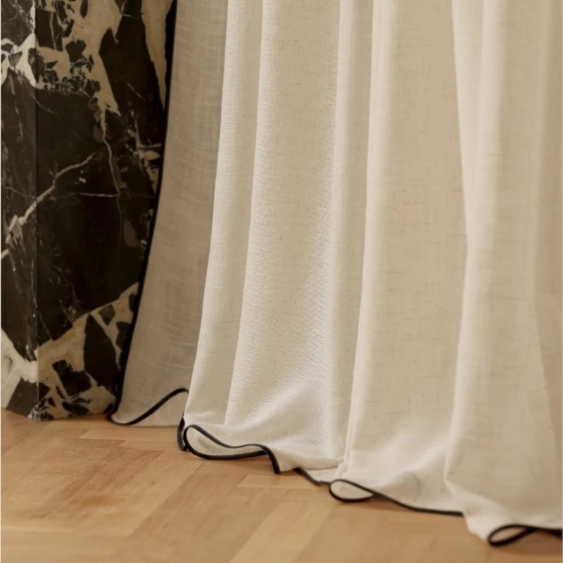 Kalani Linen Semi-Sheer Custom Curtains with Black Trim - Elegant Window Treatments for Living Room, Bedroom & Dining Room