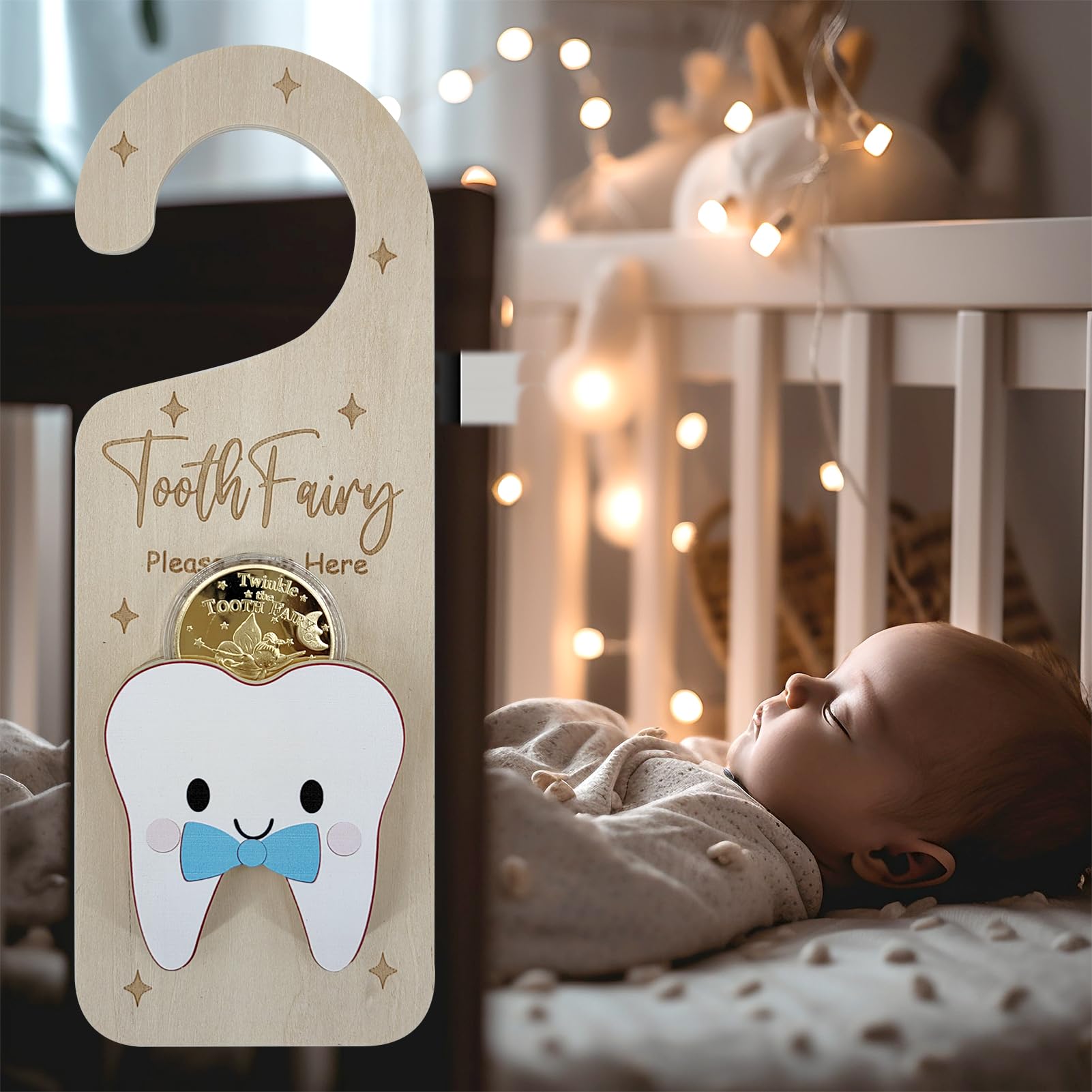 PAMBO Wooden Tooth Fairy Door Hanger with Tooth Coins - Magical Lost Tooth Holder for Kids | Perfect First Tooth Keepsake & Bedroom Decor (Blue)