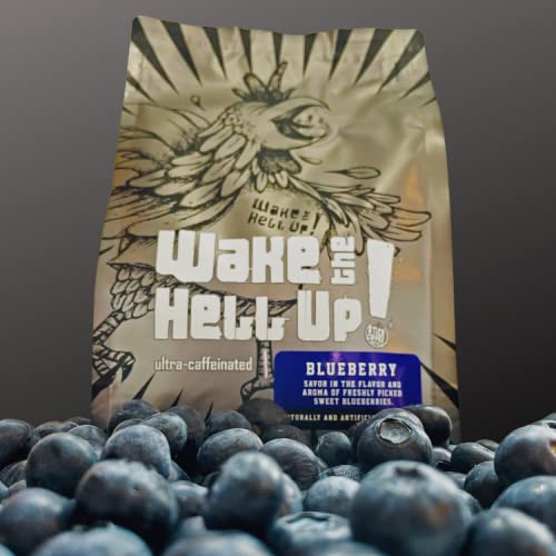 Wake The Hell Up! 12oz Ultra-Caffeinated Blueberry Ground Coffee - Low Acid Medium-Dark Roast for Energy Boost | Perfect for Morning Brew, Office & Study Sessions