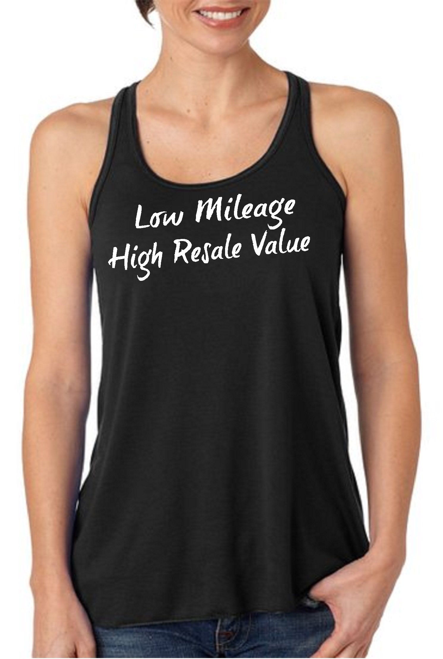 STUFF WITH ATTITUDE Low Mileage Black Women's Flowy Tank Top - Casual Summer Wear, Yoga, Beach Outfits & Layering Essential