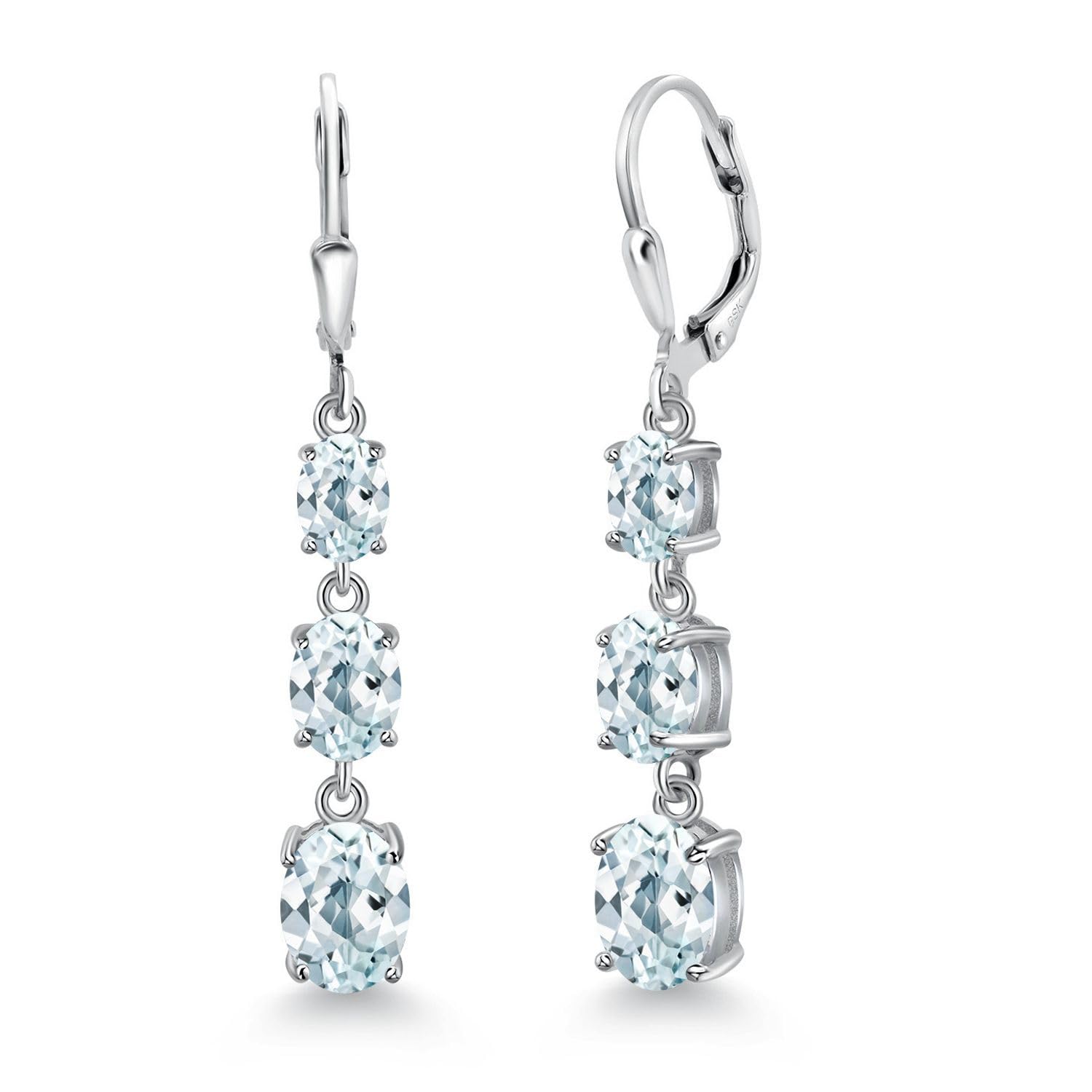 Gem Stone King 3-Stone Leverback Drop Dangle Earrings for Women - 925 Sterling Silver Birthstone Jewelry | Oval 8x6mm, 7x5mm & 6x4mm Gemstones | Elegant Gift for Mom, Wife, Her | Perfect for Weddings, Anniversaries & Special Occasions