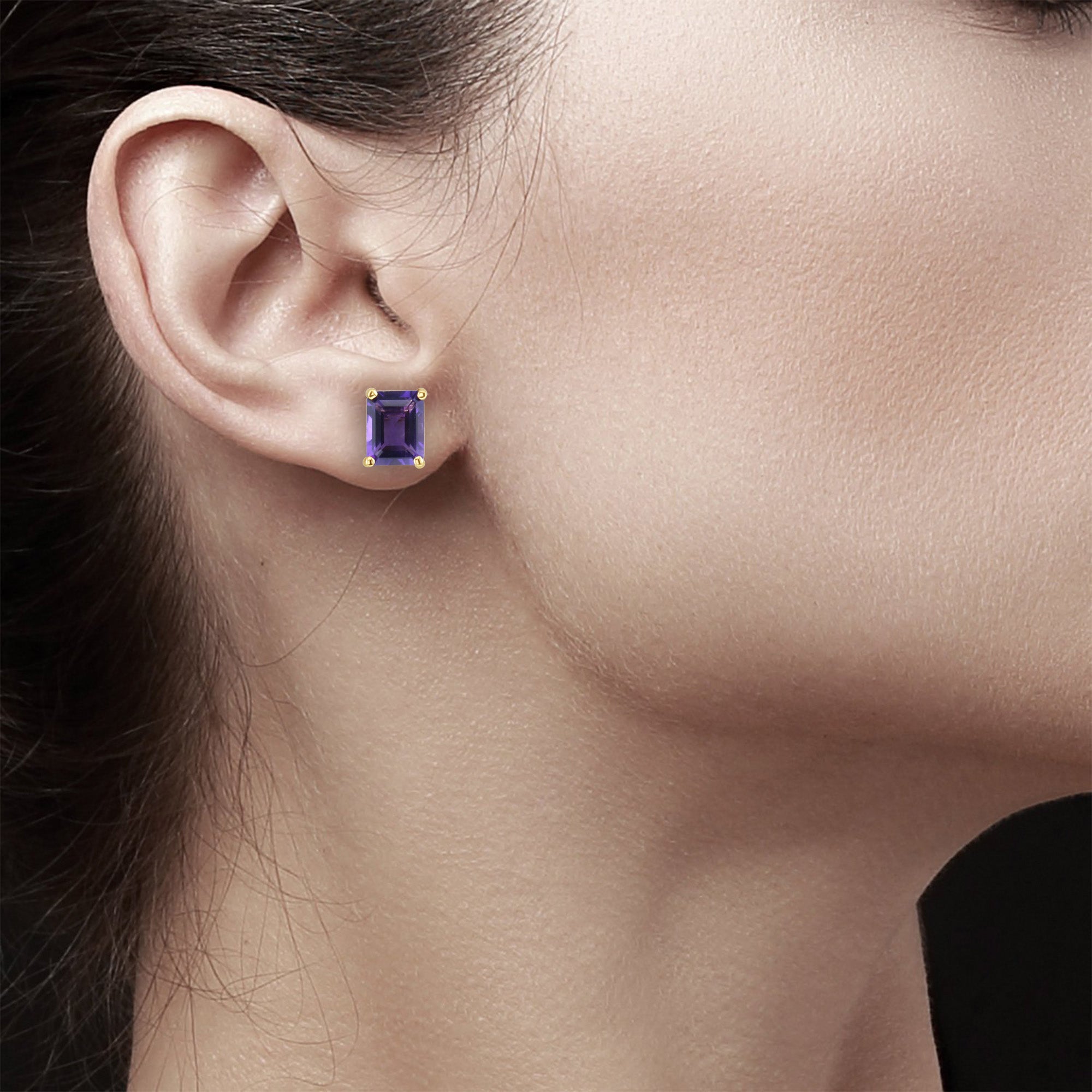 Amethyst Emerald Cut Stud Earrings for Women - 14K Gold Plated Dainty Gemstone Jewelry - Perfect for Wedding, Party & Everyday Wear