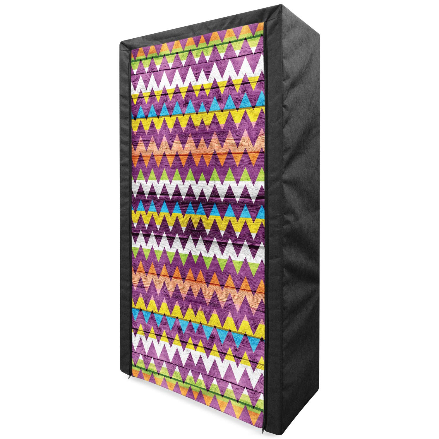 Ambesonne Chevron Portable Fabric Wardrobe - Wood Texture Geometric Pattern Clothing Organizer with Shelves, 33.5 Inch Multicolor - Perfect for Bedroom, Closet, Dorm & Travel Storage