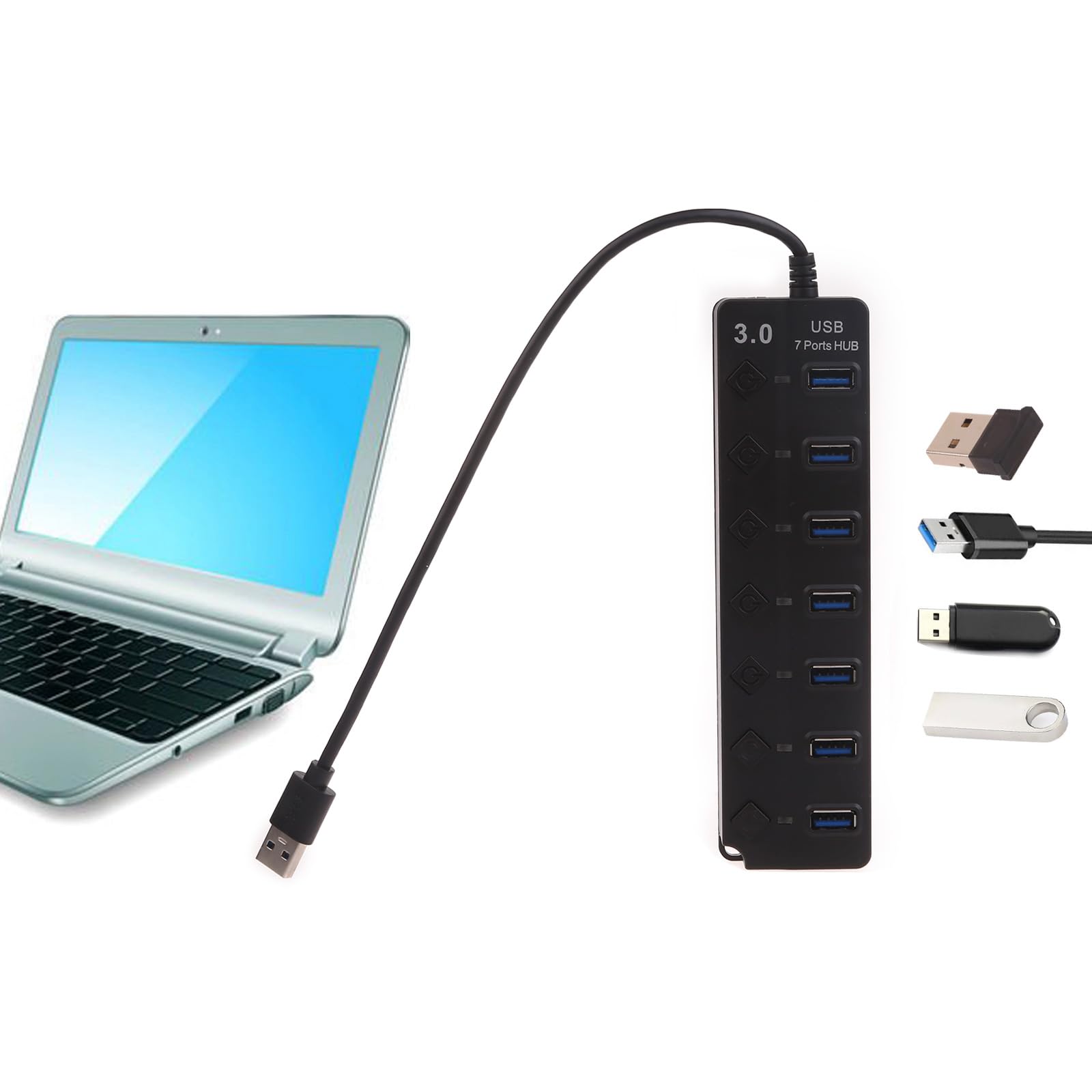 WATERBELINE 7-Port USB Hub with Individual On/Off Switches - High-Speed USB Splitter & Extension Adapter for Laptop, PC, Mac - Compact Multi-Port USB Converter for Home Office, Gaming & Travel