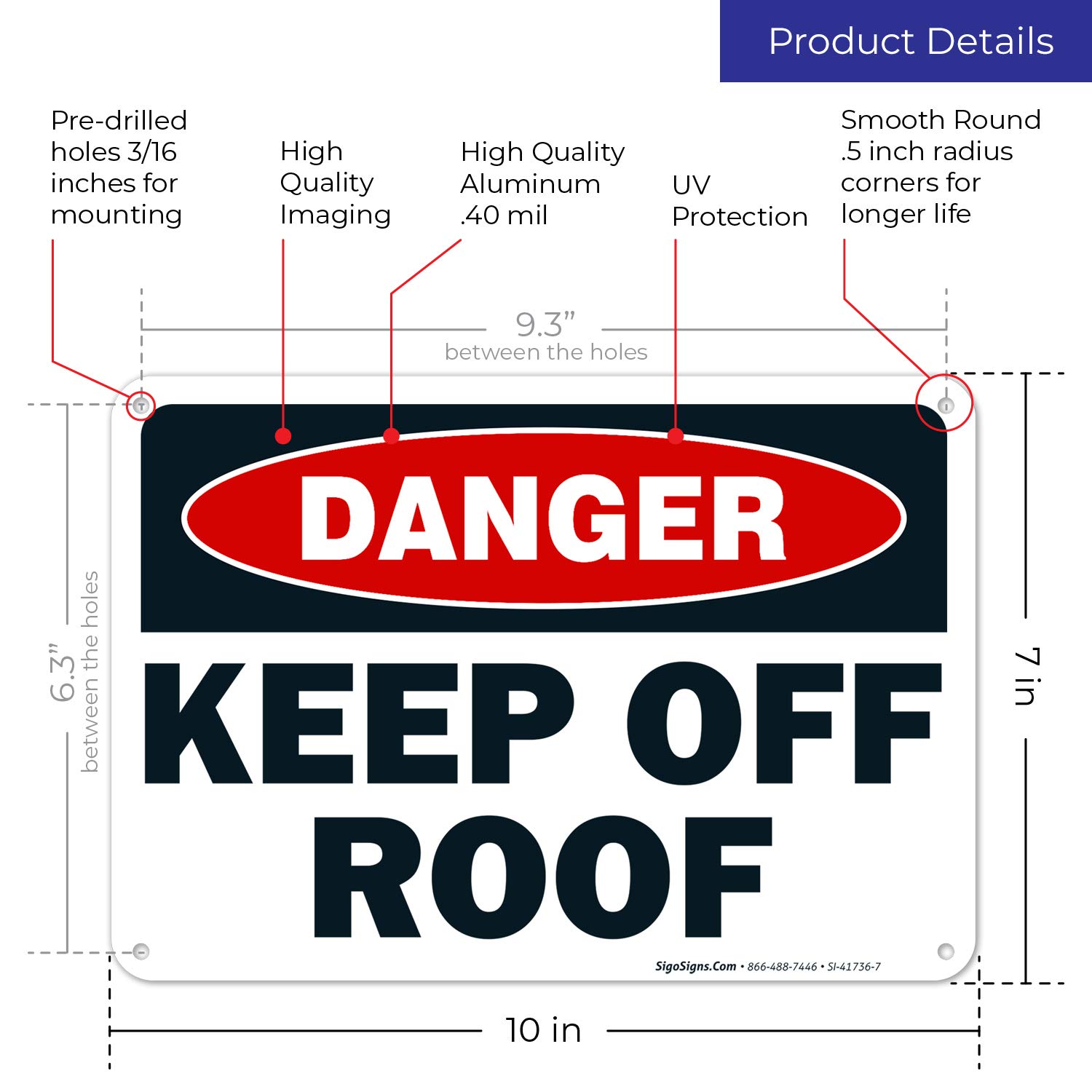 Danger Keep Off Roof Sign - 10x7 Inch Heavy Duty Rust-Free Aluminum, UV Protected & Weatherproof for Long Lasting Use - Easy Mounting for Indoor/Outdoor Safety Signs - Made in USA - Perfect for Construction Sites, Warehouses & Hazard Area Warning