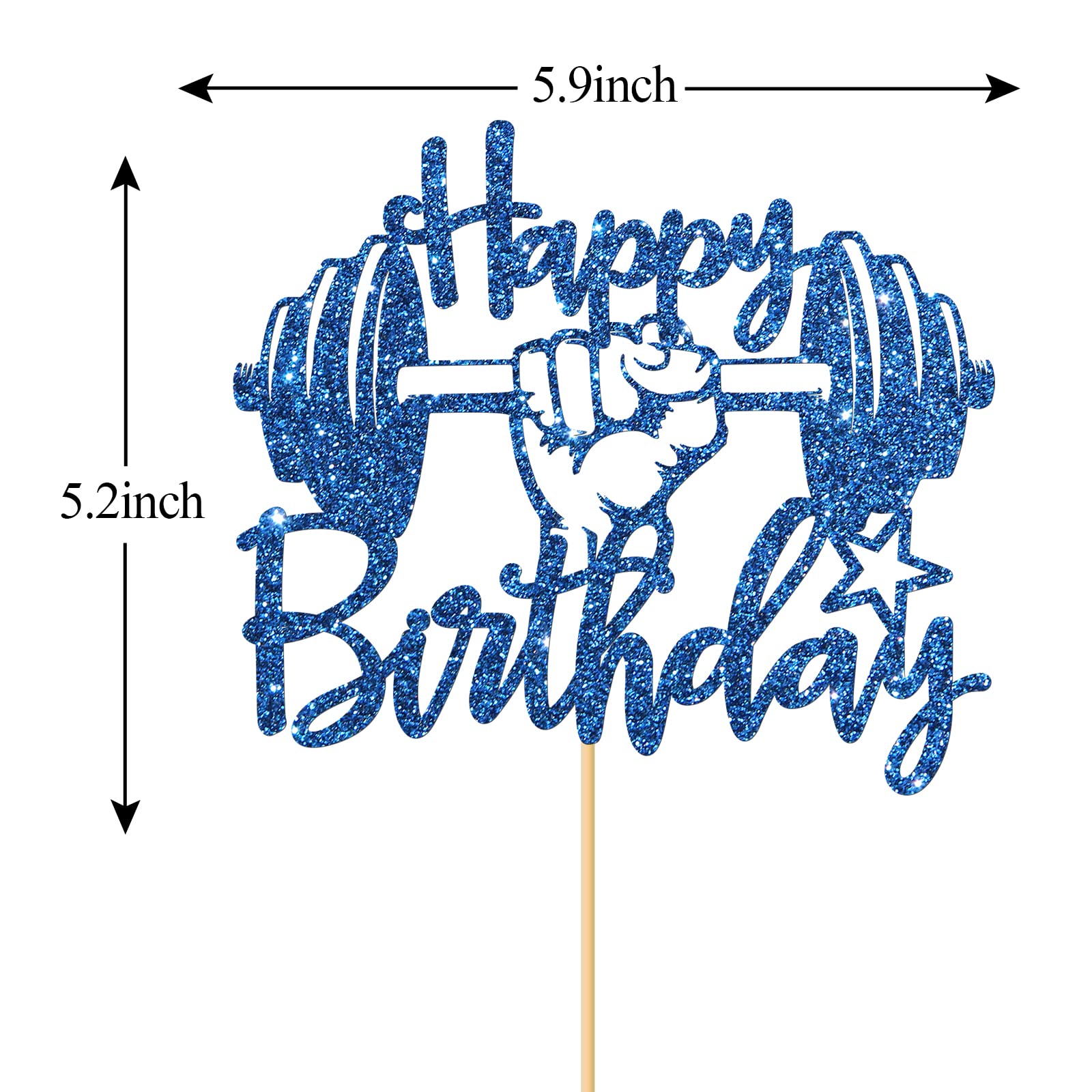 MonMon & Craft Weightlifting Happy Birthday Cake Topper - Weight Lifter Party Decor for Boys & Girls - Blue Glitter Fitness Gym Cake Decoration - Perfect for Sports Themed Birthday Parties & Gym Celebrations