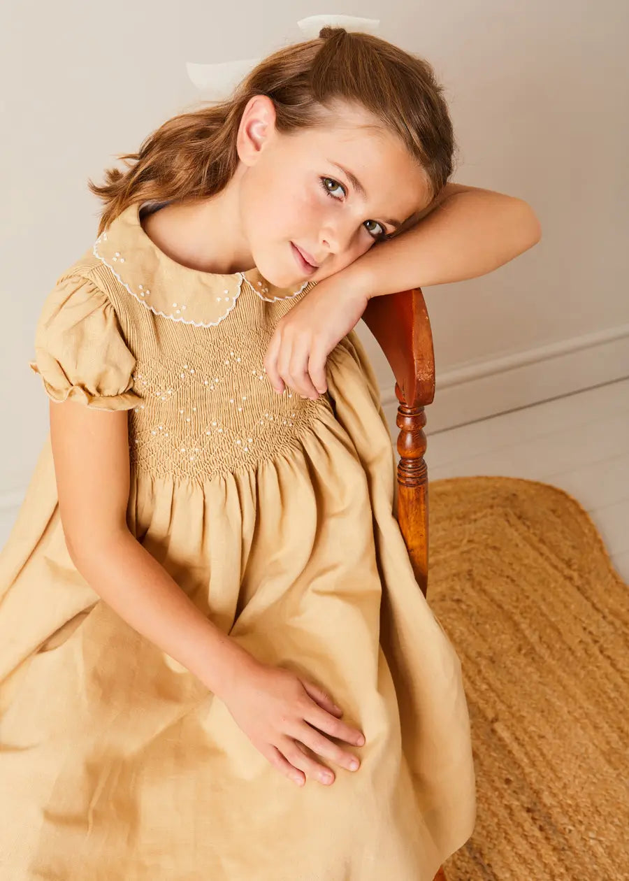 Hand Smocked Peter Pan Collar Short Sleeve Dress for Girls in Beige (12 Months - 10 Years) | Perfect for Birthday Parties, Easter, and Special Occasions