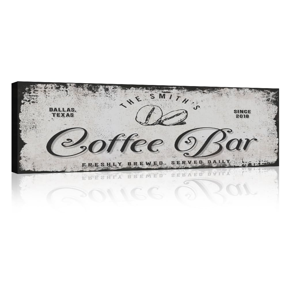 Custom Coffee Bar Sign - Personalized Grey Rustic Coffee Beans Wall Art - 48x16in Canvas Decor for Home, Kitchen, Coffee Station, Office & Business - Perfect for Farmhouse, Café & Wedding Decor