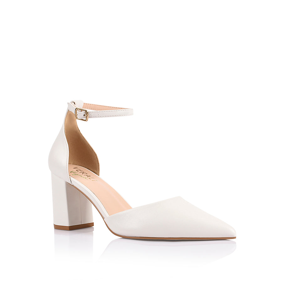 Eli Women's Closed Toe Block Heels - Comfortable Chunky Low Heel Pumps in Chalk White | Perfect for Office, Wedding & Professional Occasions