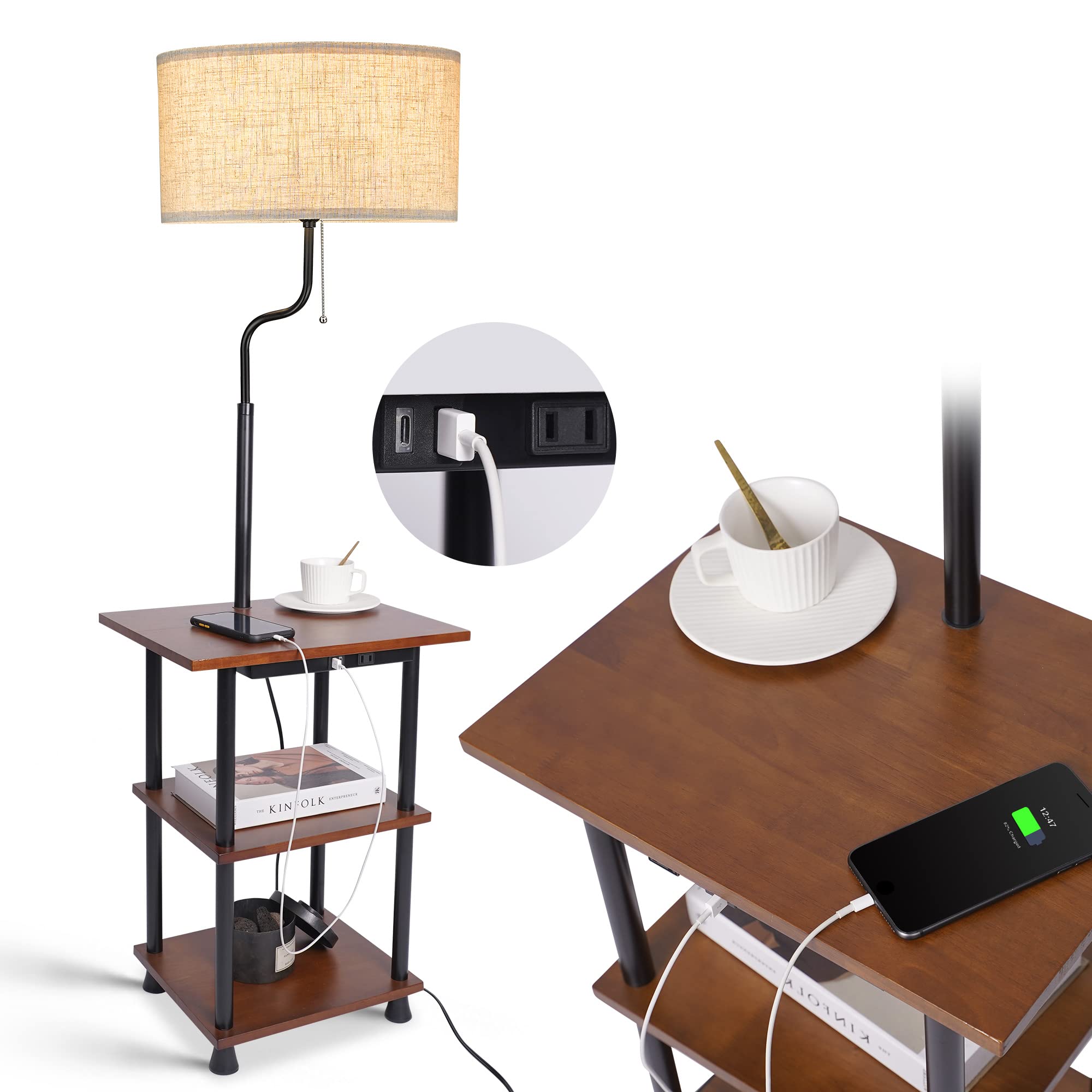 ELYONA Rustic Rubber Wood Floor Lamp with Side Table - USB & Type C Charging Ports, Power Outlet, 3-Tier Nightstand Design - LED Bulb Included for Living Room, Bedroom, Office | Perfect for Reading Nook, Home Office Lighting, and Bedside Charging Station