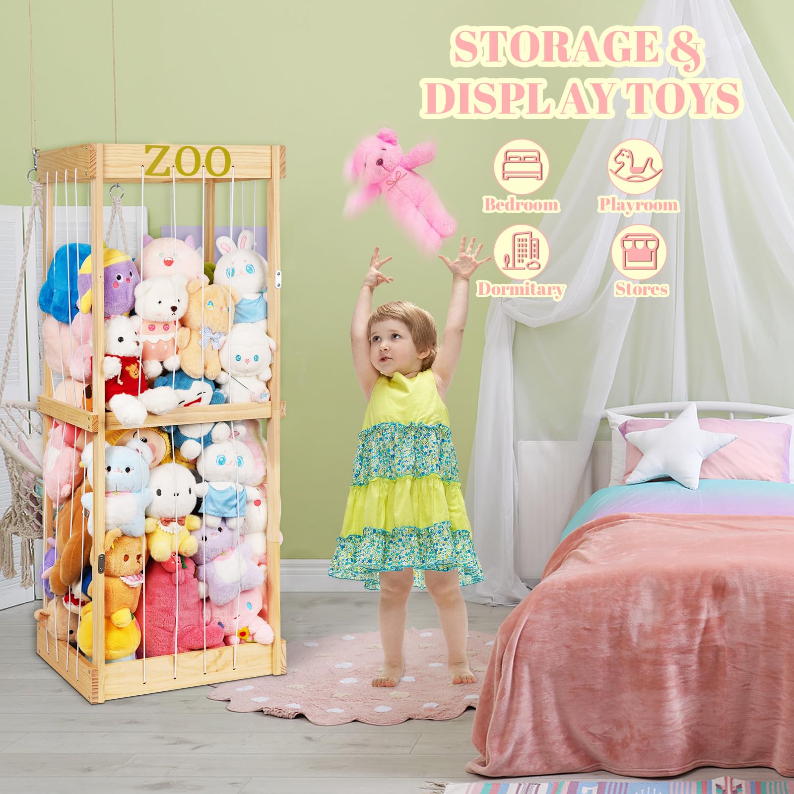 Trycooling Wooden Stuffed Animal Storage Cage with Zoo Pattern Elastic Band - Organizer for Plush Toys in Nursery, Playroom, Bedroom | Durable Zoo-Themed Toy Storage Solution for Kids' Rooms & Daycare Centers