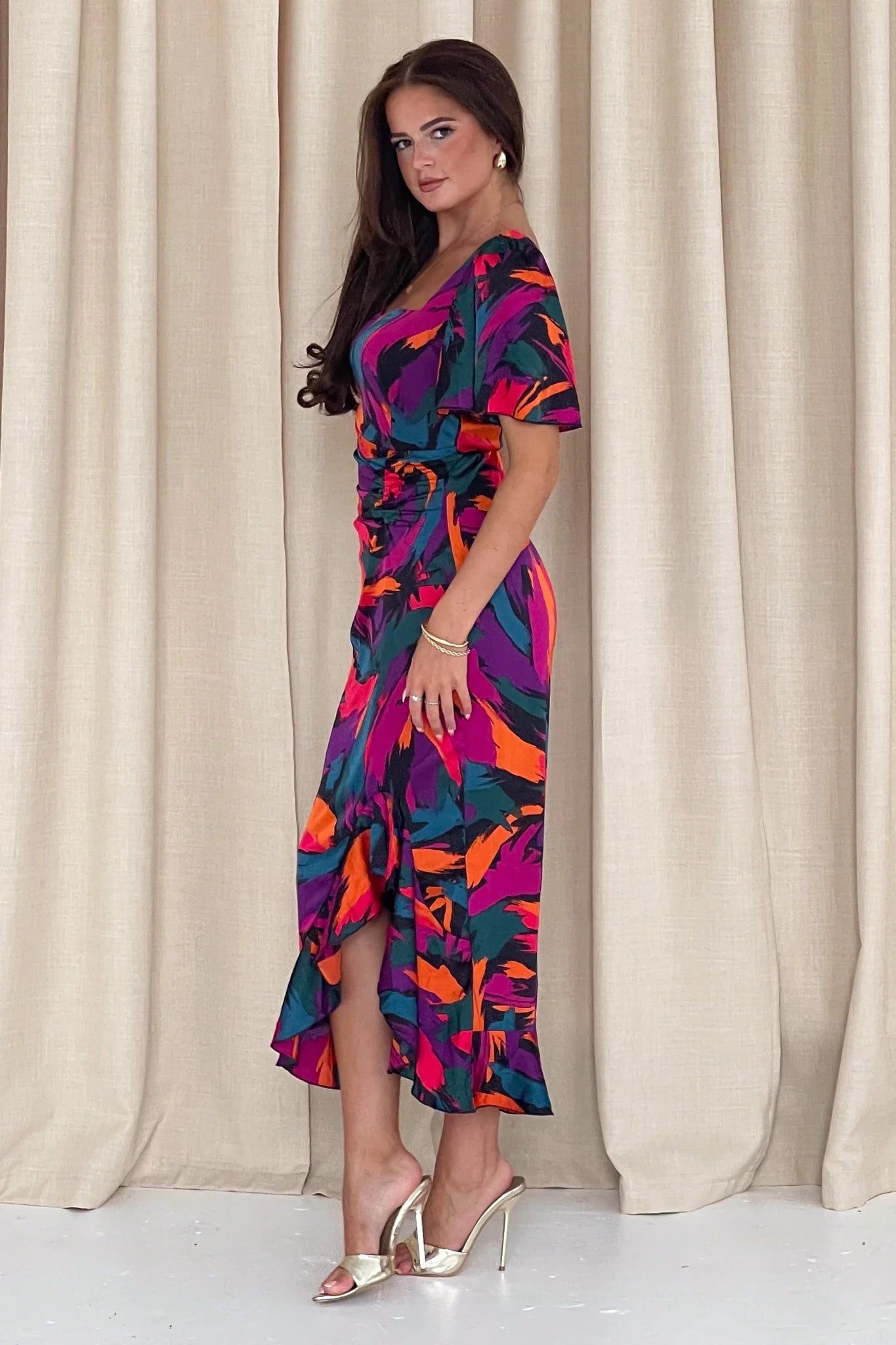 Heidi Ruched Midi Dress - Abstract Print Floral Summer Dress for Women, Perfect for Beach Vacation, Date Night & Special Occasions