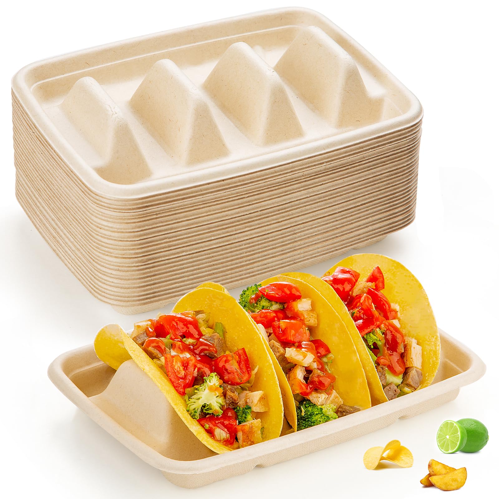 25-Pack Eco-Friendly Bagasse Fiber Taco Holders with 3 Dividers | Disposable Taco Stands for Parties, Taco Tuesday & Fiesta Serving | Perfect for Taco Bars, Buffets & Family Gatherings