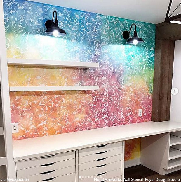 Floral Fireworks Allover Wall Stencil - DIY Home Decor Painting Template for Bedroom, Living Room, Nursery | Reusable Wall Art Design Tool