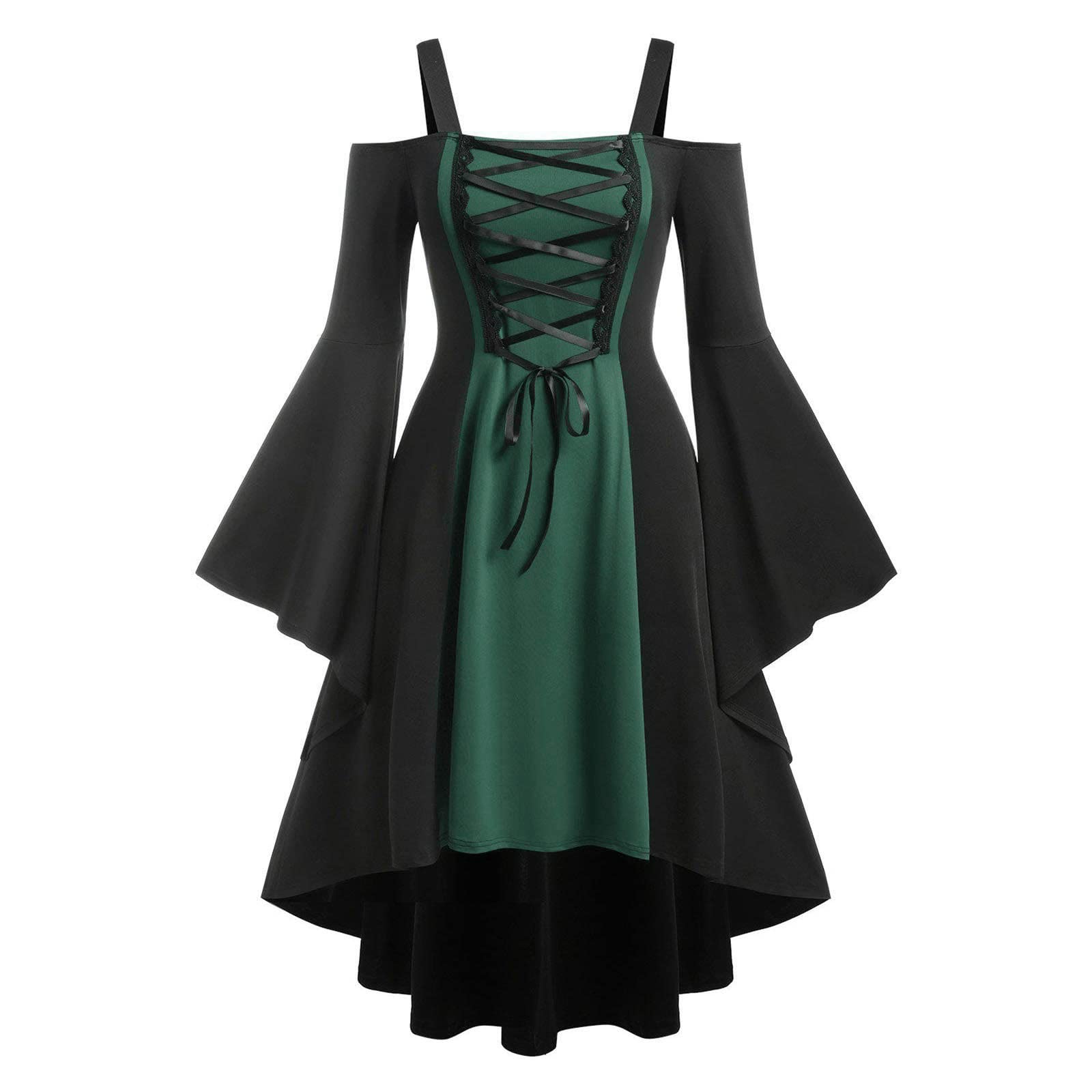 JustHIGH Women's Gothic Vintage Renaissance Dress - Medieval Color Block Stitching, Retro Dark Off Shoulder Slip Midi Dress for Cosplay, Halloween, LARP & Gothic Fashion Events