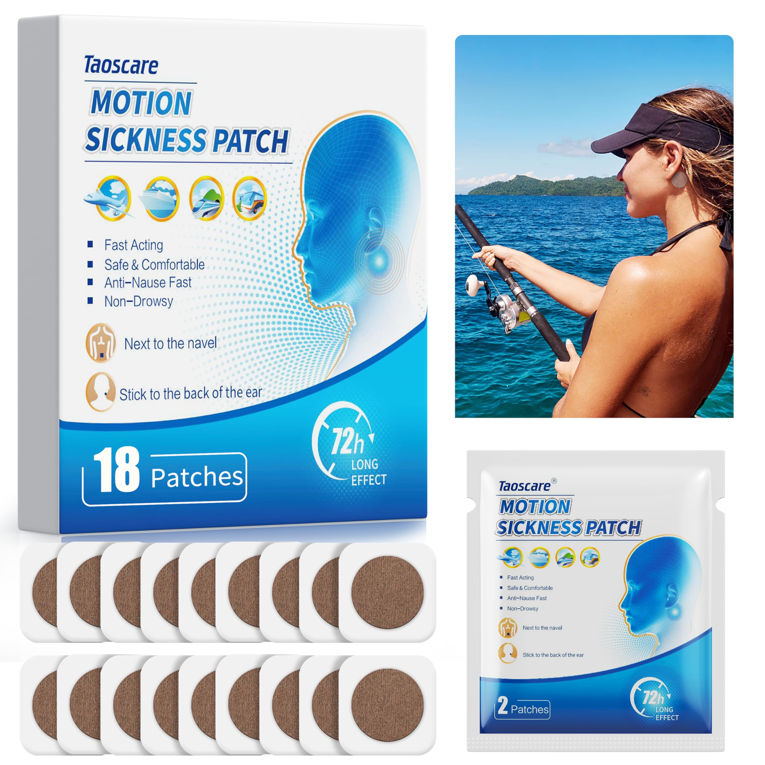 Motion Sickness Relief Patches - 18 Count for Cruise, Car, Airplane & Amusement Park - Natural Nausea & Dizziness Relief for Adults & Kids - Travel Essential for Motion Vertigo & Sea Sickness (Perfect for Long Trips, Roller Coasters & Boat Rides)