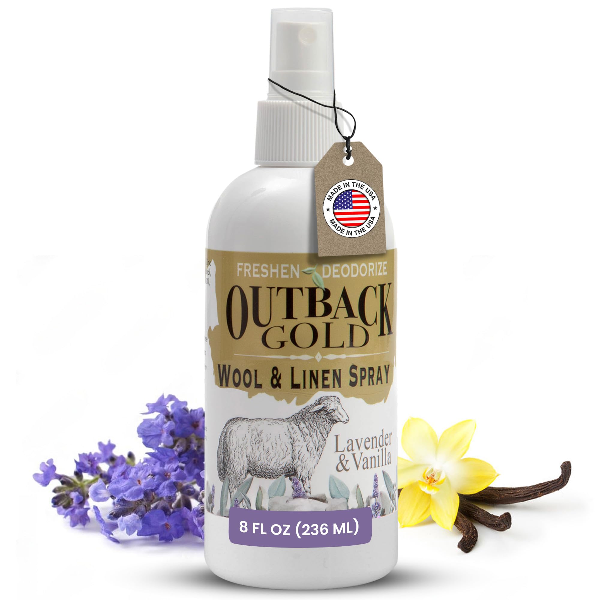 Outback Gold Wool Cashmere & Linen Spray - Natural Lavender Vanilla Fabric Freshener for Pillows, Sheets & Home Decor - 8 Fl Oz Bedroom & Laundry Deodorizer - Perfect for Refreshing Clothes, Linens & Upholstery