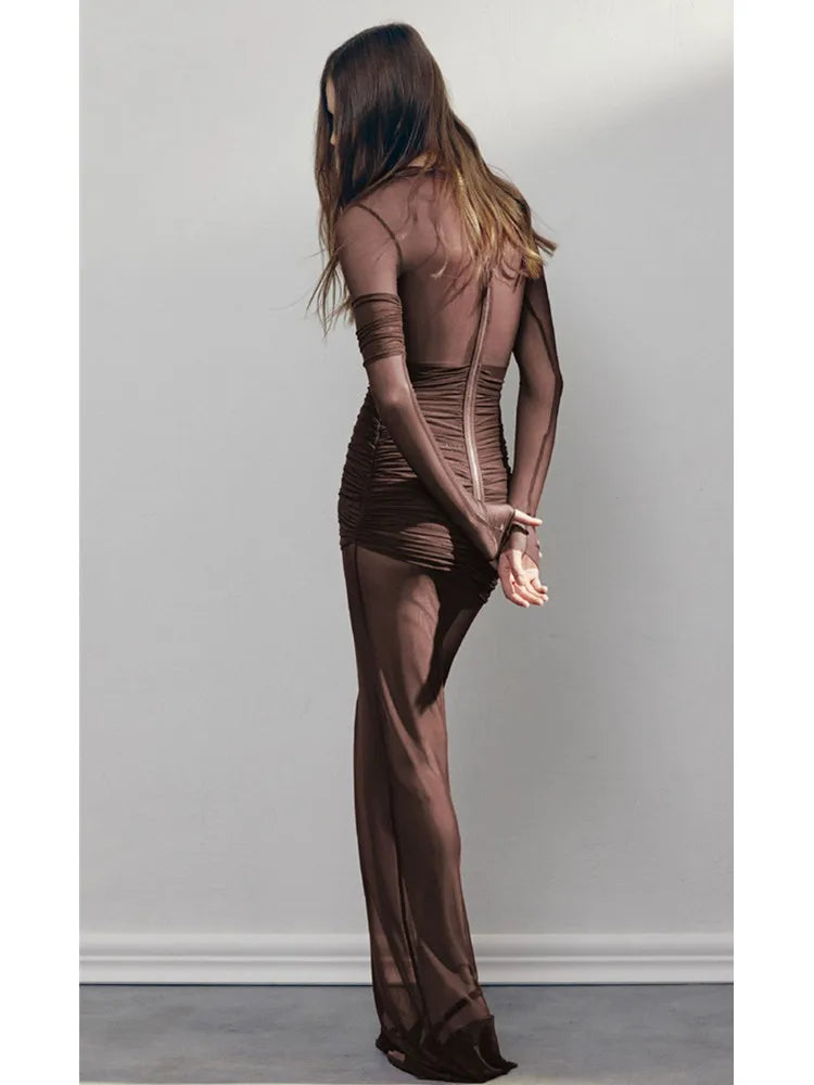 Sexy Long Sleeve Brown Beige Mesh Ruched Maxi Bodycon Dress for Women - Elegant Evening Club Party Dress 2025 | Perfect for Night Out, Date Night & Special Occasions