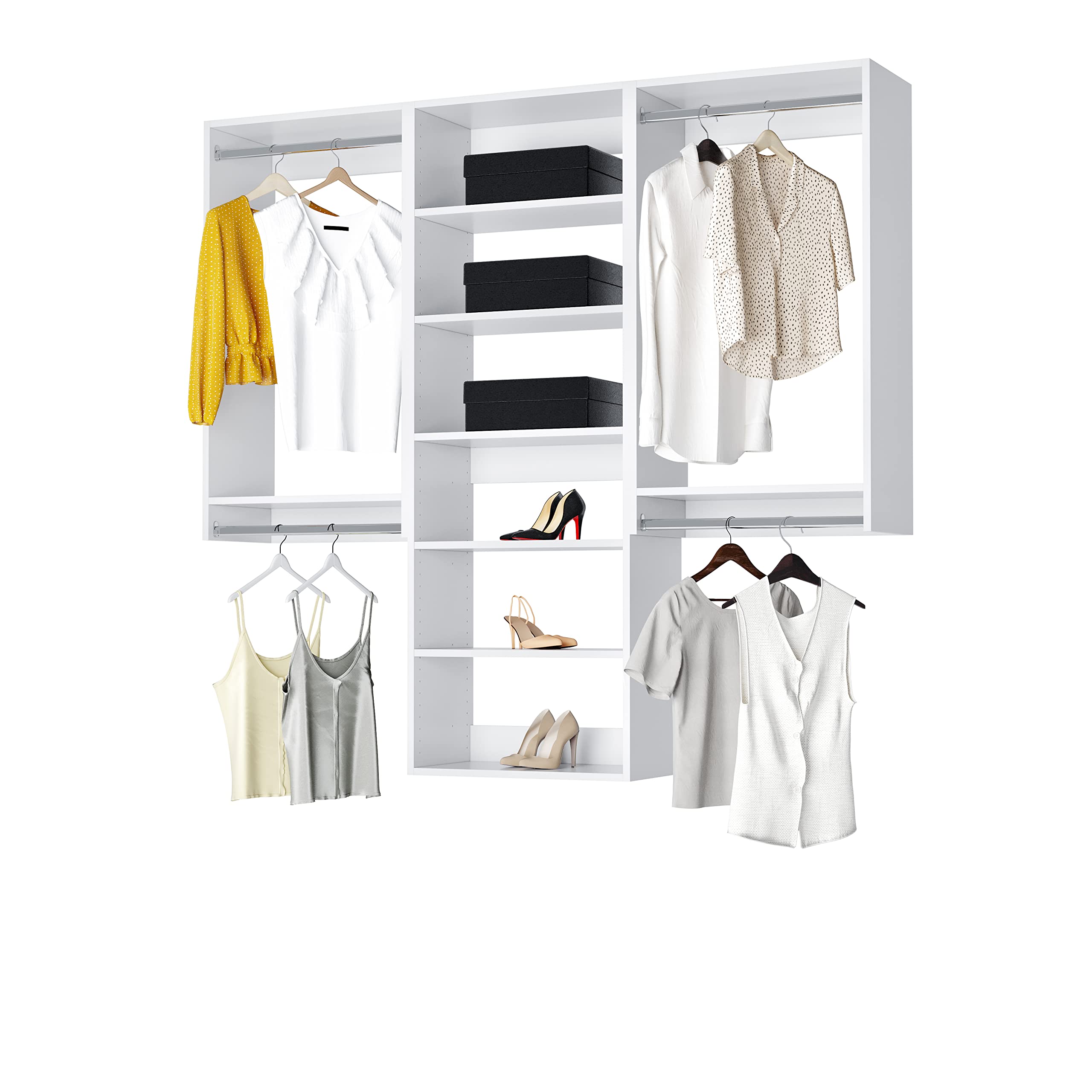 Space-Saving Corner Closet Organizer Kit with Adjustable Hanging Rods & Shelves - White Closet Storage System (96