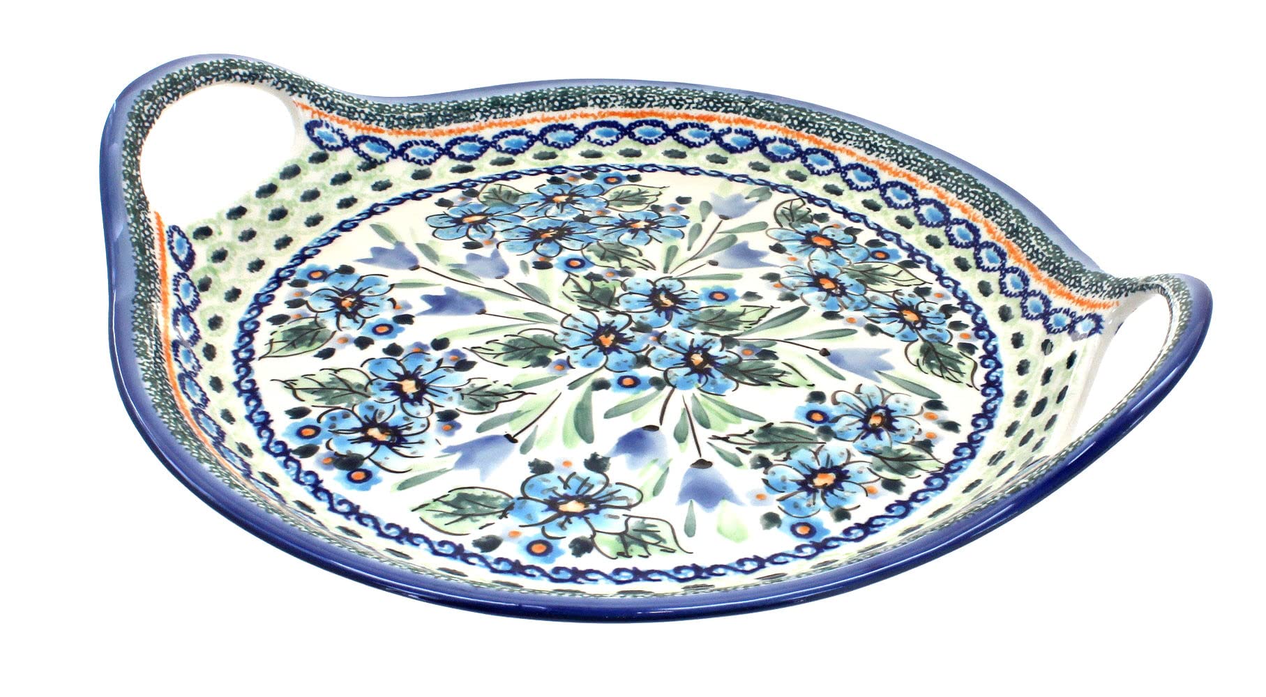 Handmade Blue Rose Polish Pottery Ballina Round Serving Tray with Sturdy Handles - Perfect for Tea Parties, Breakfast in Bed & Elegant Home Decor