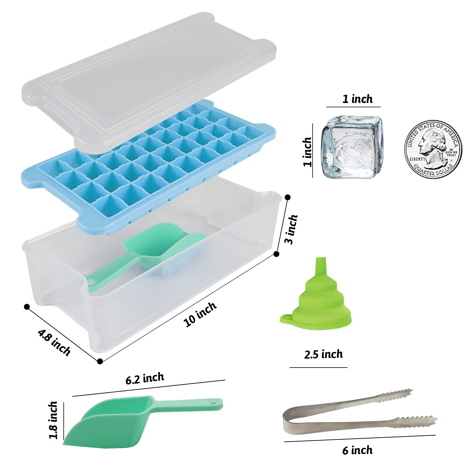**36-Cube Silicone Ice Cube Tray with Lid, Ice Bin, Scoop & Tongs – BPA-Free Food-Grade Flexible Ice Mold for Cocktails, Beverages & Party Drinks (Blue)**