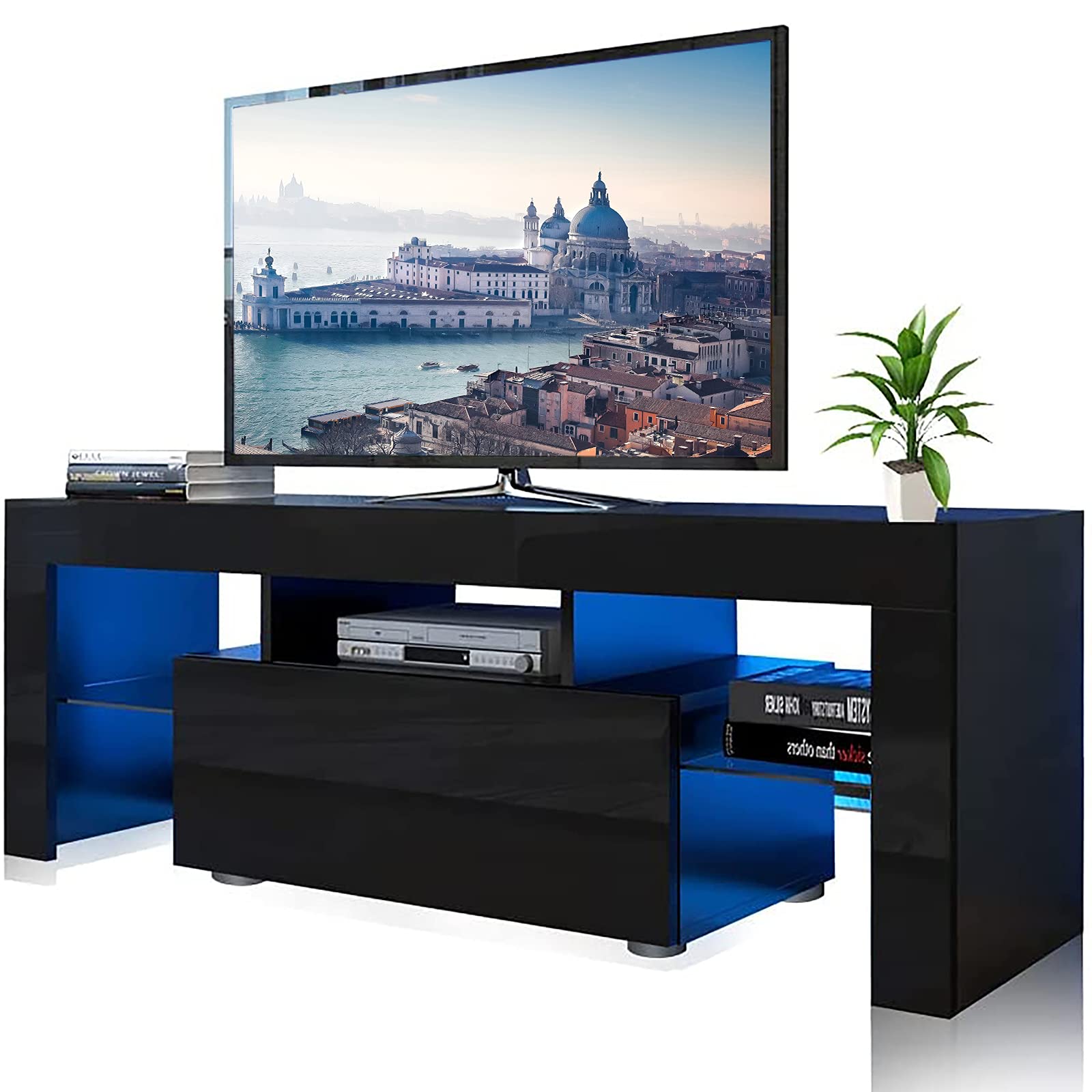 Binrrio Modern Black TV Stand with 16 Color LED Lights - High Gloss Entertainment Center for 55 Inch TVs - Sturdy TV Console Table for Living Room & Bedroom - Perfect for Movie Nights & Gaming Setup