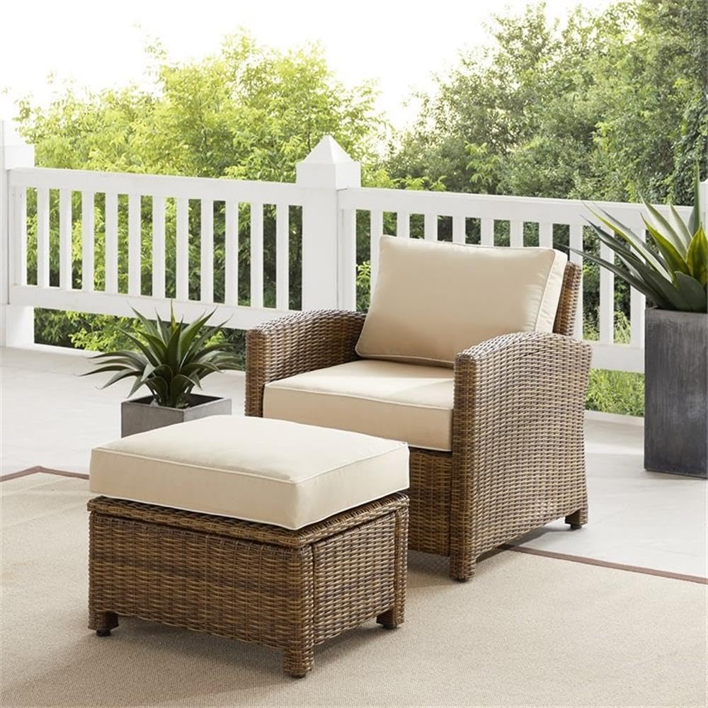 2-Piece Wicker Rattan Armchair Set with Ottoman - Sand Weathered Brown Patio Furniture for Outdoor Garden, Porch, and Poolside Relaxation