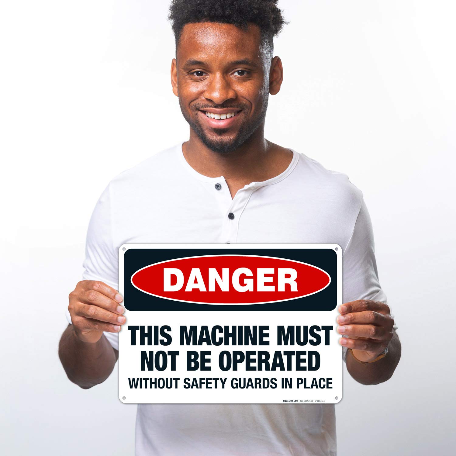 OSHA Danger Sign - 'This Machine Must Not Be Operated Without Safety Guards' - 10x14 Inch Rust-Free Aluminum Safety Sign for Workplace & Industrial Use | Fade-Resistant for Indoor/Outdoor | Made in USA | Perfect for Factories, Warehouses & Construction Sites