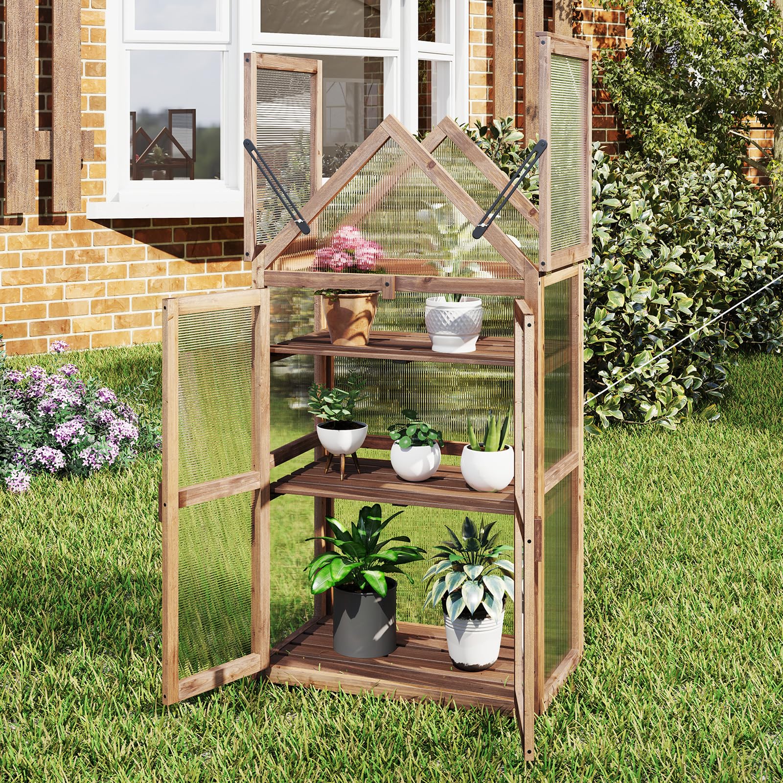 Happygrill Cold Frame - Mini Wooden Greenhouse with Transparent Openable Roof, Raised Flower Planter Shelf & 3 Adjustable Shelves, Polycarbonate Panels - Indoor/Outdoor Small Wood Greenhouse Cabinet for Gardening, Seed Starting & Plant Protection