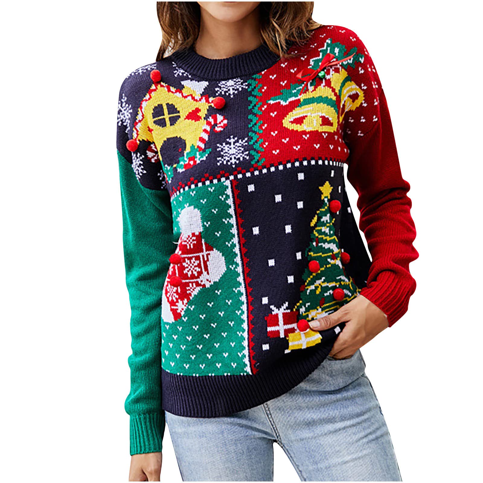 Women's Christmas Knitted Pullover Sweater - Crewneck Snowflake & Tree Print Long Sleeve Tunic Top with Side Slit | Cozy Holiday Outfit for Parties, Family Gatherings & Winter Fashion
