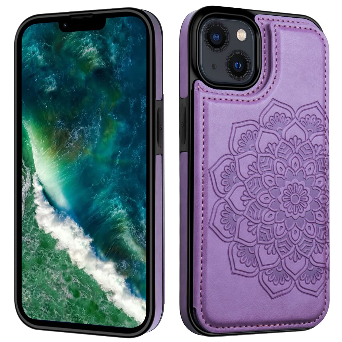 MMHUO Magnetic Flip Wallet Case for iPhone 14 with Card Holder - Flower Design Protective Phone Cover for Women (Purple) | Perfect for Everyday Use, Travel & Hands-Free Convenience