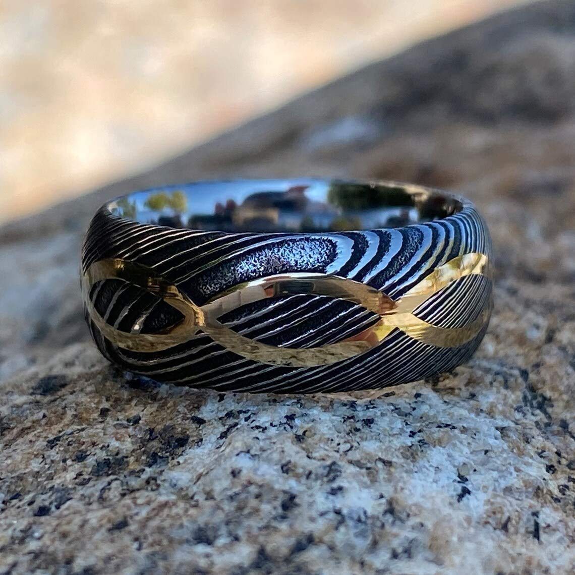 Handmade Damascus Steel Infinity Symbol Ring with Copper Inlay - Custom KE-205-AT Wedding Band, Father's Day Gift for Men (Colors May Vary) | Perfect for Anniversaries, Engagements & Special Occasions