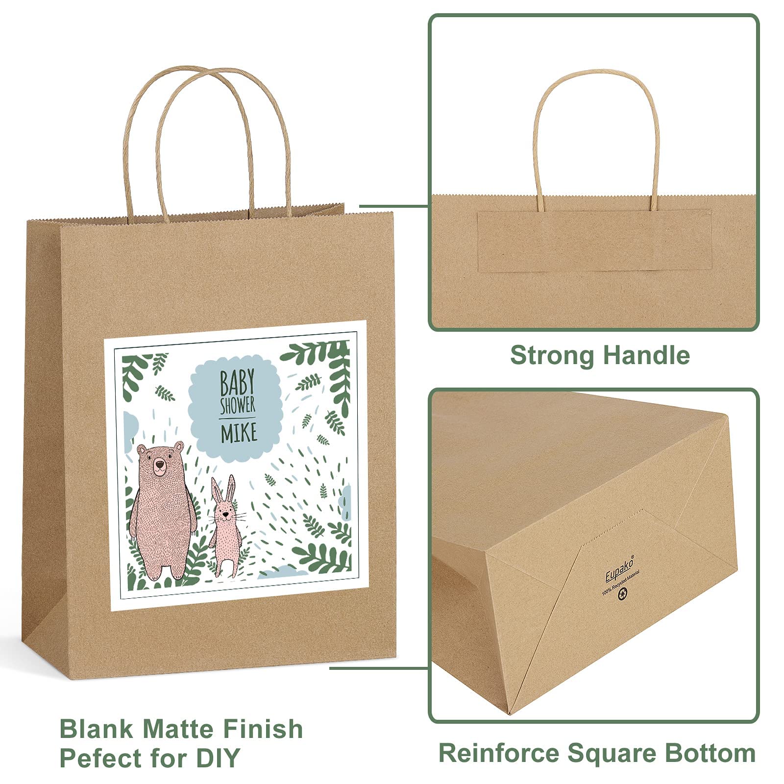 Eupako 100-Pack 8x4.25x10.5 Inch Brown Kraft Paper Gift Bags with Handles - Bulk Shopping Bags for Retail, Party Favors, Wedding, Birthday & Merchandise Packaging | Eco-Friendly & Durable