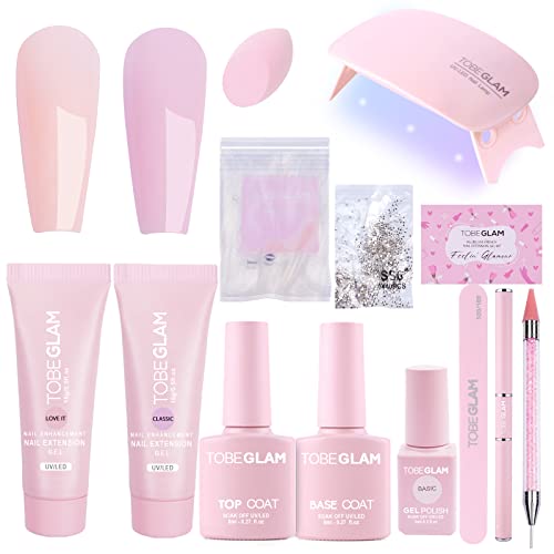 TOBEGLAM Poly Nail Gel Kit - 2 Colors Nude Pink Nail Extension Gel with UV/LED Lamp, 6ml White Gel Polish & Rhinestone Accessories | All-in-One French Manicure Set for Salon & Home Nail Art | Perfect for DIY Manicures, Bridal Nails & Professional Nail Decoration